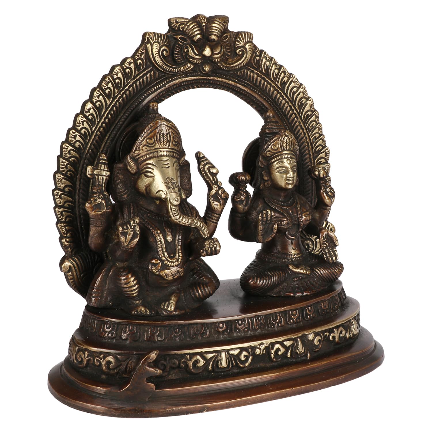 Kartique 7-Inch Brass Lakshmi Ganesh Idol Set With Intricate Arch Design, Bronze Finish, Ideal For Home Decor And Pooja Room