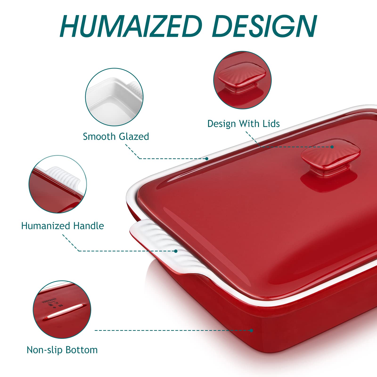 Vancasso Blossom Casserole Dish, 13X9 Baking Dish, 3.8 Quart Casserole Dish Set Lasagna Pan Deep With Lid Oven Safe, Red