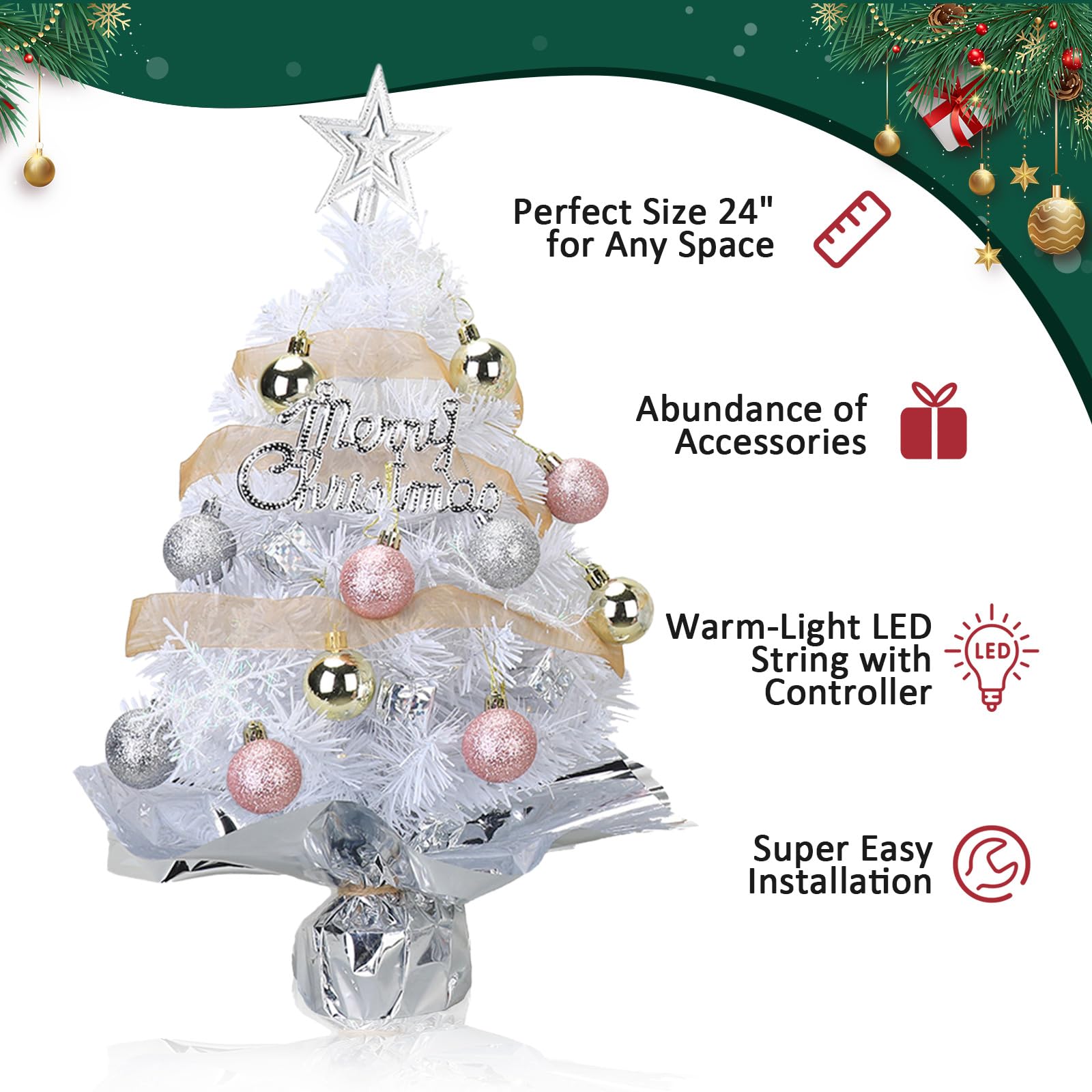 Small Mini Table top Christmas Tree with 50 LED Lights 24 Inch /2FT Little Prelit Christmas Tree Decorated Gift Boxes and Hangin