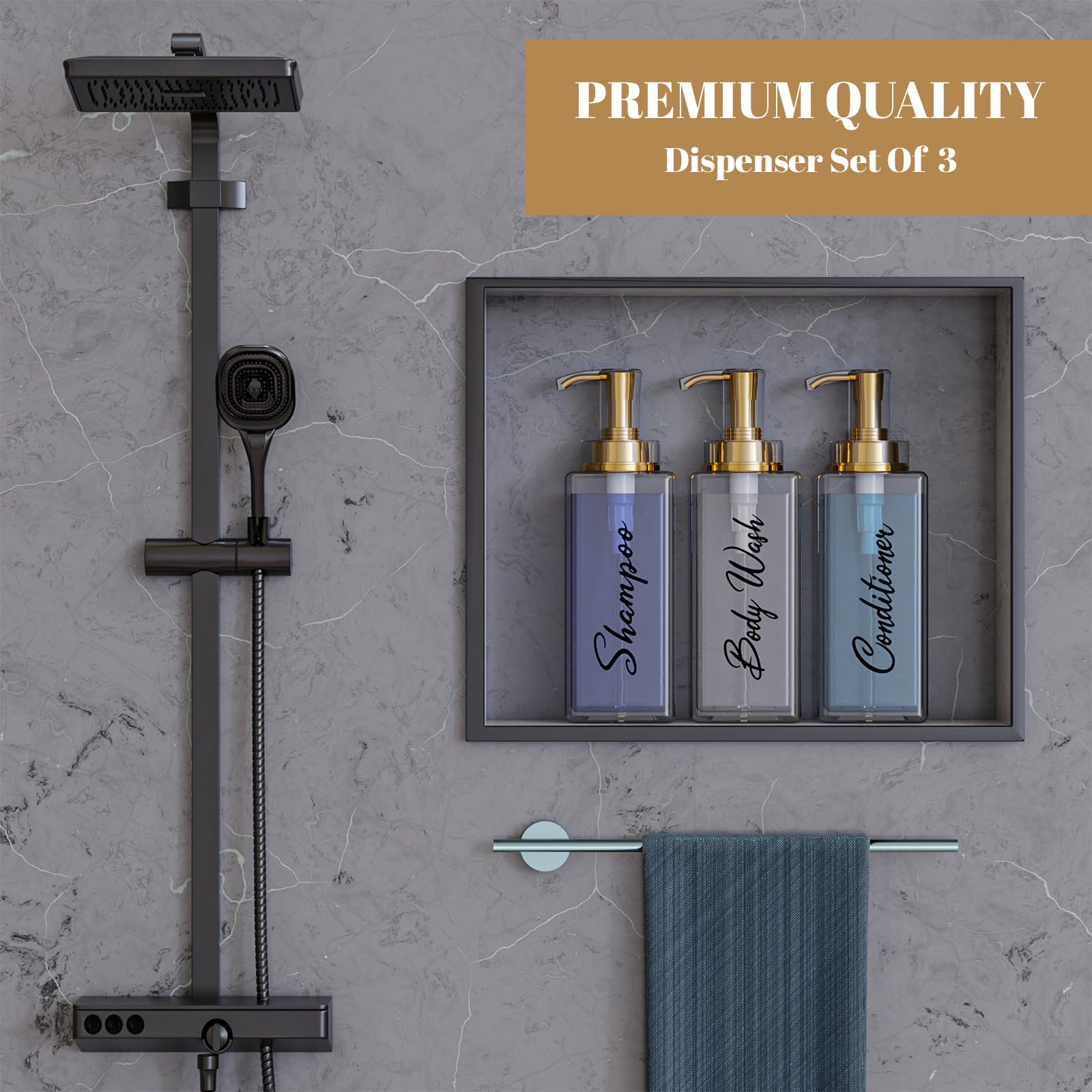 Akalin Shiny Shampoo And Conditioner Dispenser 16Oz, Set Of 3 Refillable Shampoo And Conditioner Shiny Bottles With Pump, 3 Clea