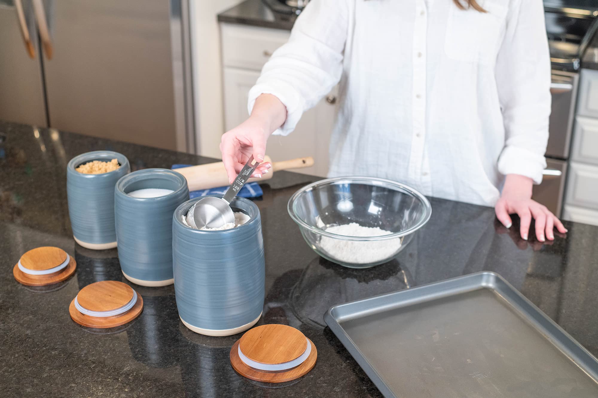 Nat & Jules Lidded Grey 6 Inch Ceramic And Wood Kitchen Canisters Set Of 3