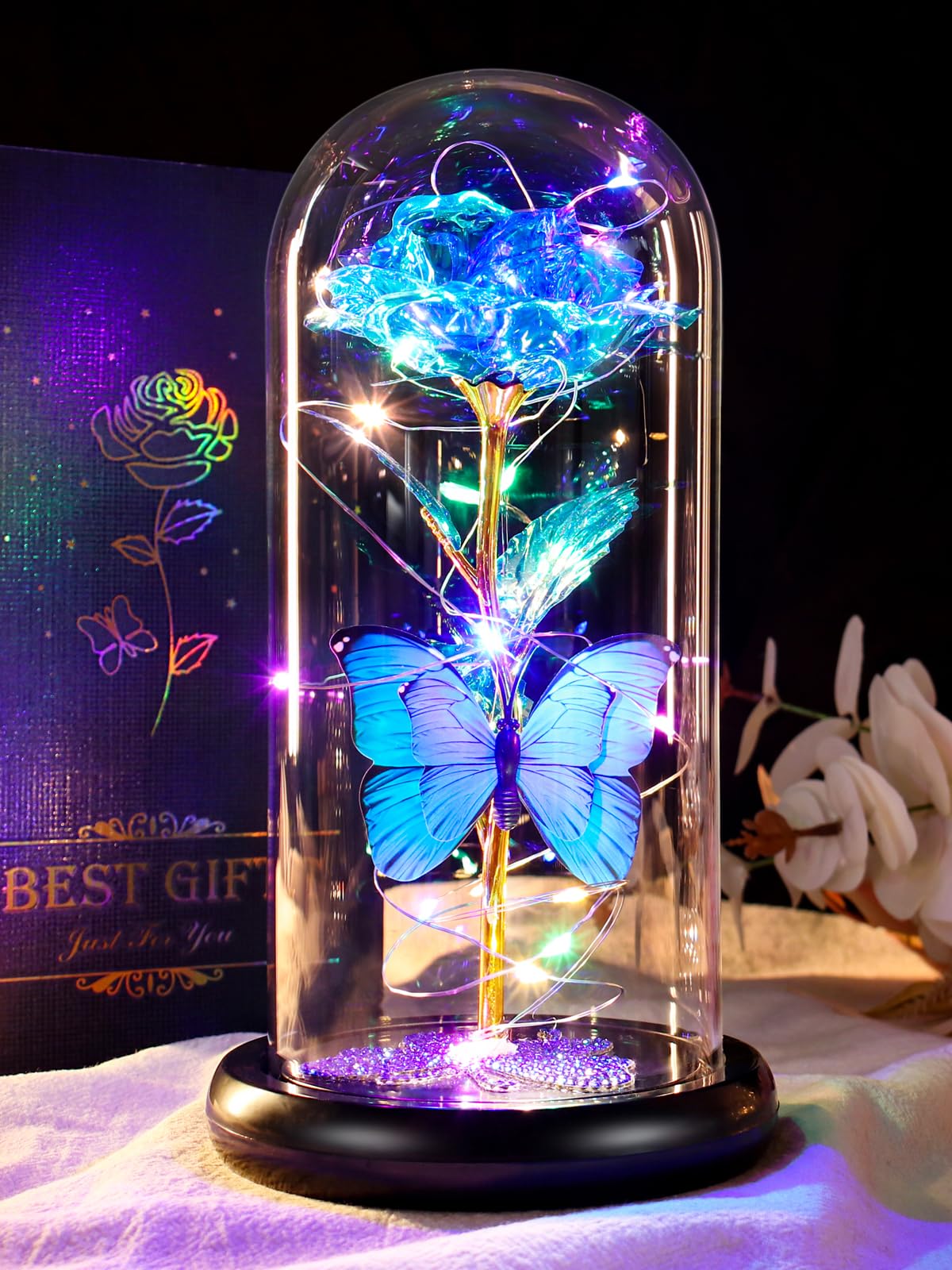 DEEMEI Birthday Gifts for Women Blue Rose Eternal Flower Light Up Rose in Glass Dome Mothers Day Rose Gifts for Grandma Daughter
