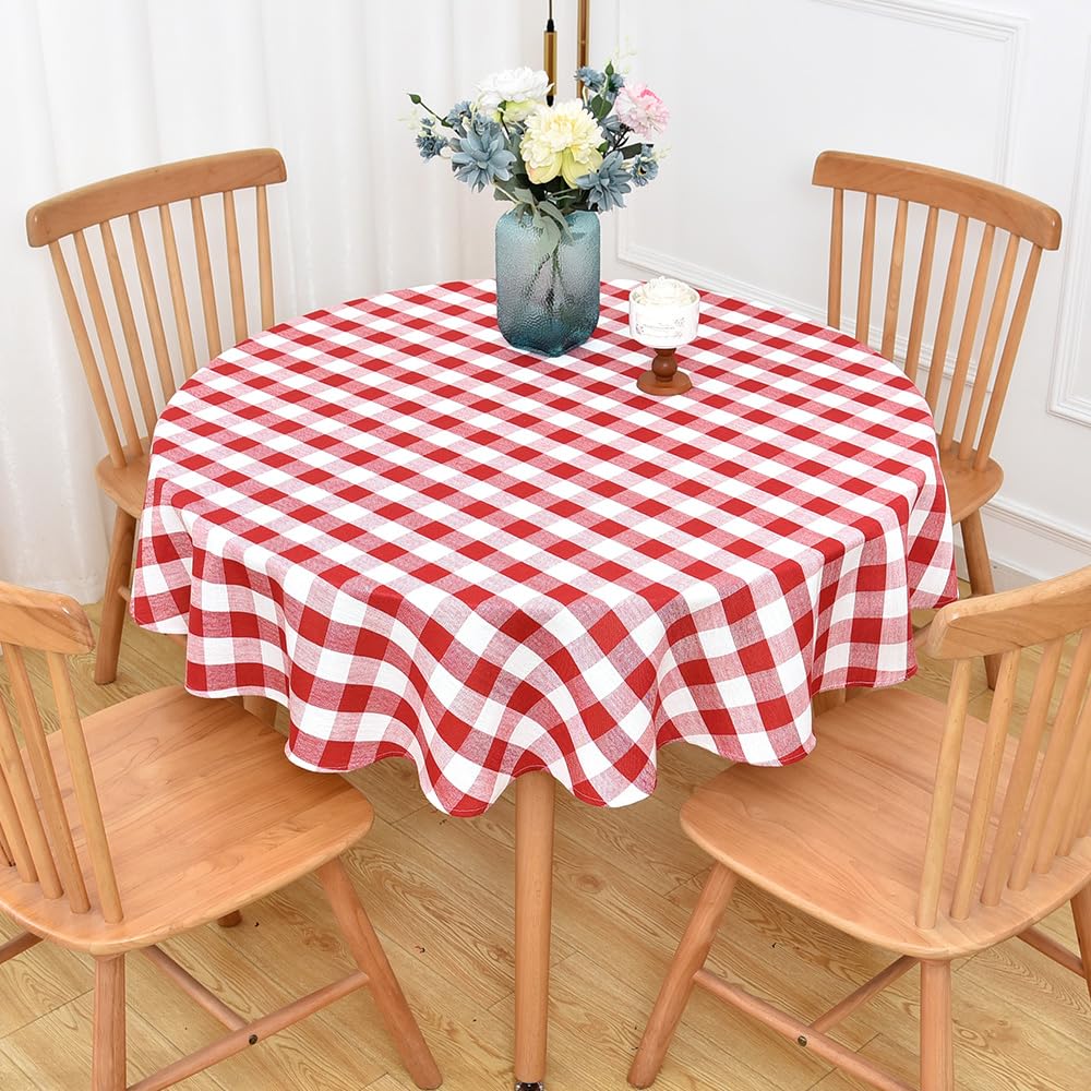 Yofori Gingham Round Tablecloth Table Cloth Heavy Duty Cotton Checkered Table Cloth Round Cover for Dining Room (R-Red, 53 inch 
