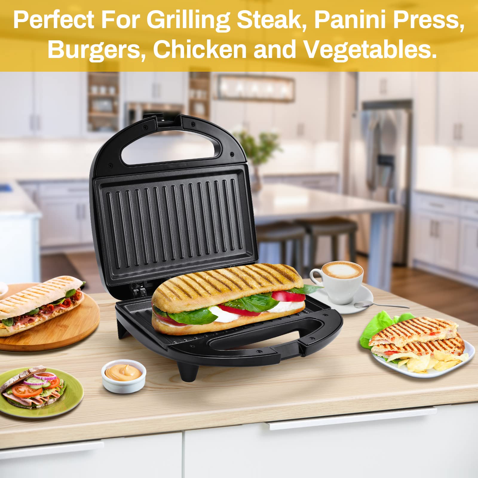 Monxook Electric Panini Press, 750W Sandwich Press, Non-Stick Coated Plates 8.46Inx4.92In, Panini Press Sandwich Maker With Indi