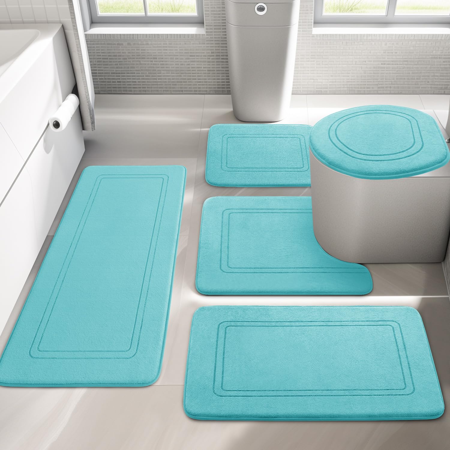 Yihouse Teal Memory Foam Bathroom Rug Set 5 Piece, Absorbent Bathroom Mat Set, Non Slip Bath Mats For Bathroom, Washable & Dry Q