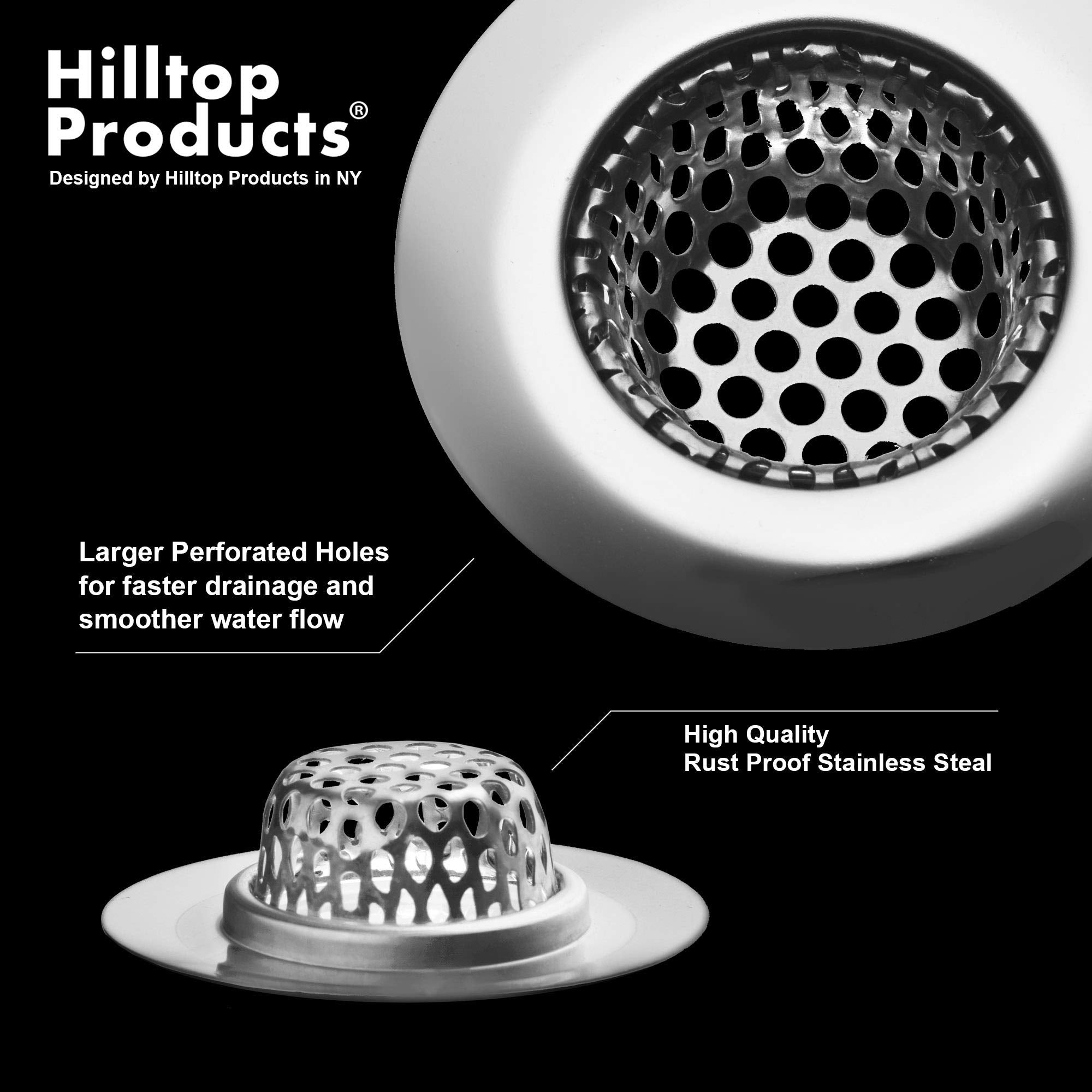 2 Pack - 2.125'' Top / 1'' Basket- Sink Strainer Bathroom Sink  Utility  Slop  Laundry  RV and Lavatory Sink Drain Strainer Hair Catcher. 1/8'' Holes. Stainless Steel