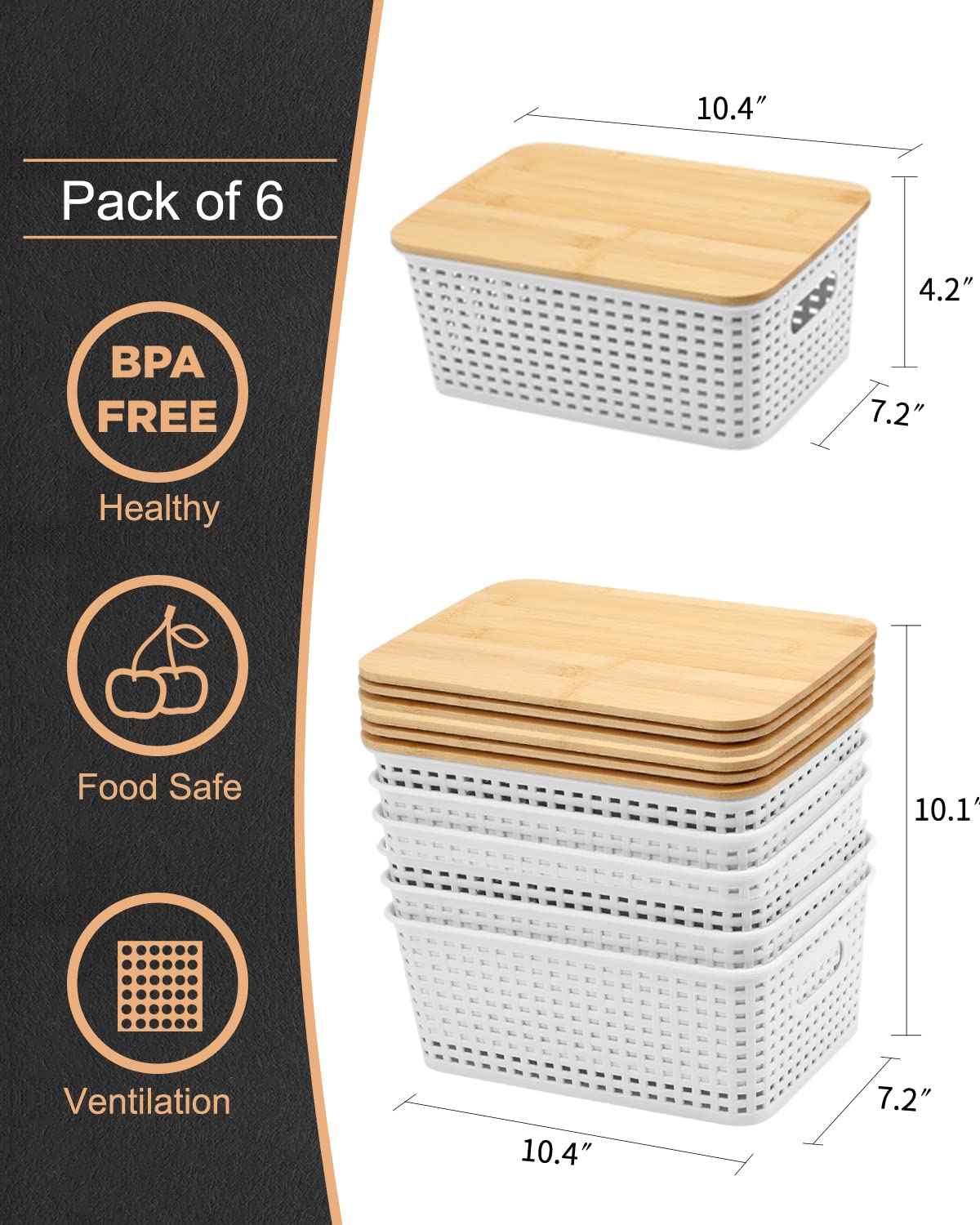 Eoenvivs Storage Bins With Lids 6 Packs, Plastic Storage Bins With Bamboo Lids For Pantry Organization And Storage Containers Fo