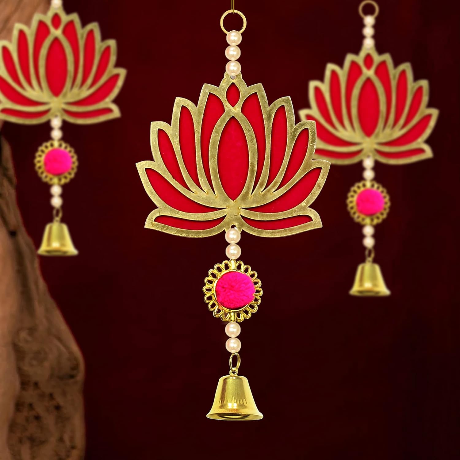Craftomanic Handmade Wall Decor Lotus With Latkan Toran With Bells Diwali Decor,Wedding And All Festival Decor | Lotus Hangings