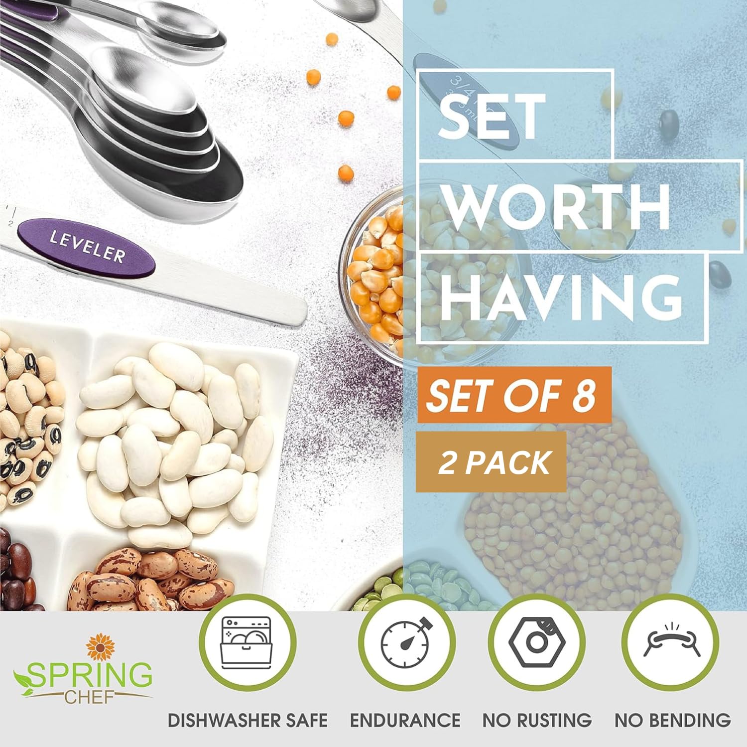 Spring Chef Magnetic Measuring Spoons Set, Dual Sided, Stainless Steel, Fits In Spice Jars, Purple, Set Of 8, 2 Pack