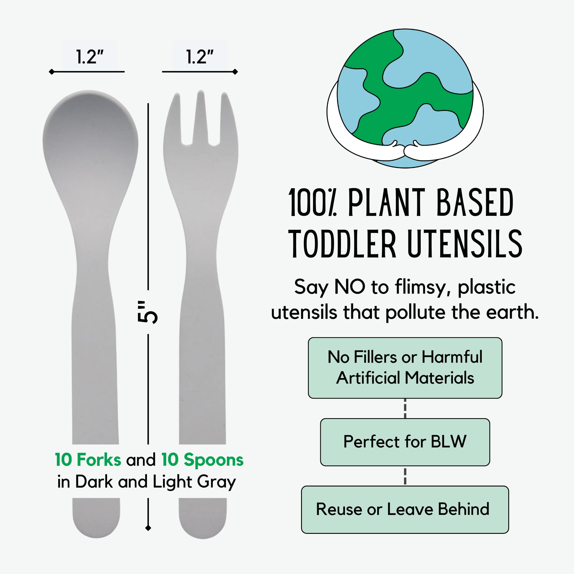 THEO'S 20 Pack Eco-Friendly Utensils for Baby & Toddler | 100% Biodegradable + Compostable 5.0''x1.2'' Plant Based Spoons & Fork