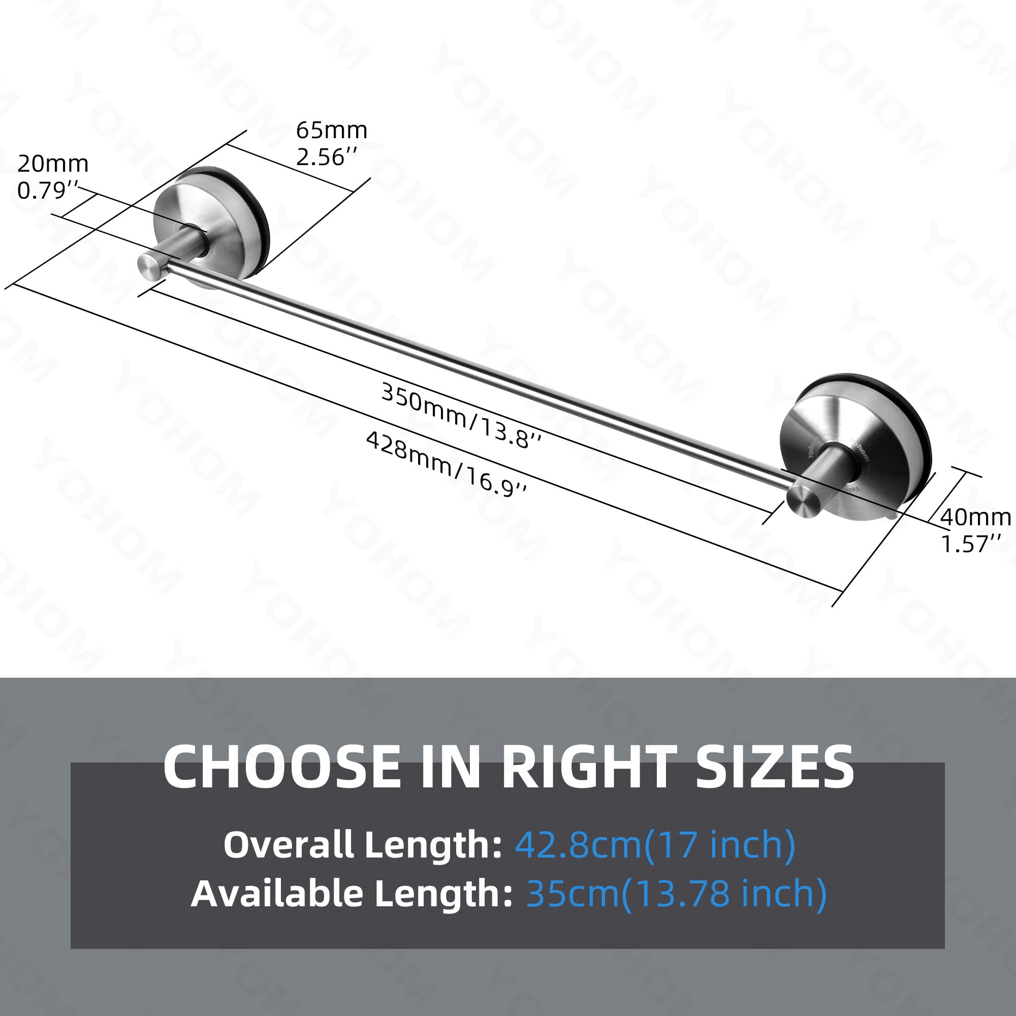 YOHOM Suction Cup Towel Bar, 17 Inch Stainless Steel, Silver, Model YB2617S_YH_EU, Removable Bathroom Towel Rack for Shower Door