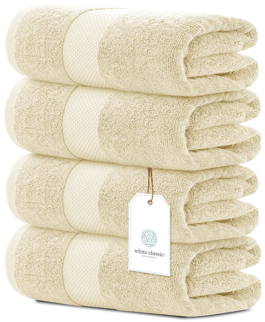 Luxury White Bath Towels Large - 100% Soft Cotton 700 Gsm | Absorbent Hotel Bathroom Towel | 27 Inch X 54 Inch | Set Of 4 | Beig