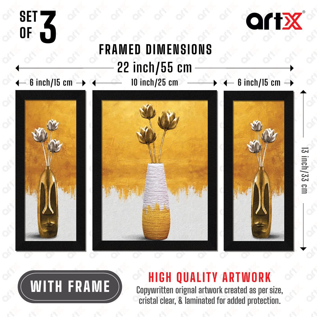 ArtX Flower Wall Art Painting, Framed Floral Paintings For Living Room 22 X 13.0 inches(Combined), Multicolor, Set of 3 (Light G
