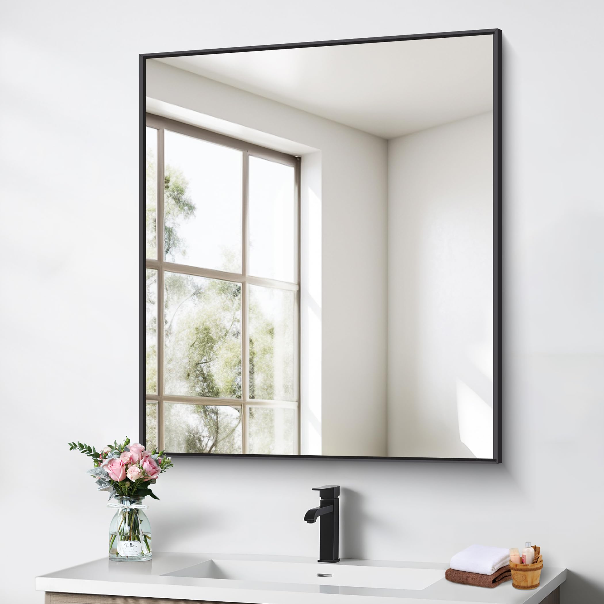 BONEWEI Bathroom Mirror,30x36 inch Wall Mirror for Bathroom Wall Mounted Black Rectangle Square Corner Mirrors, Black Bathroom M