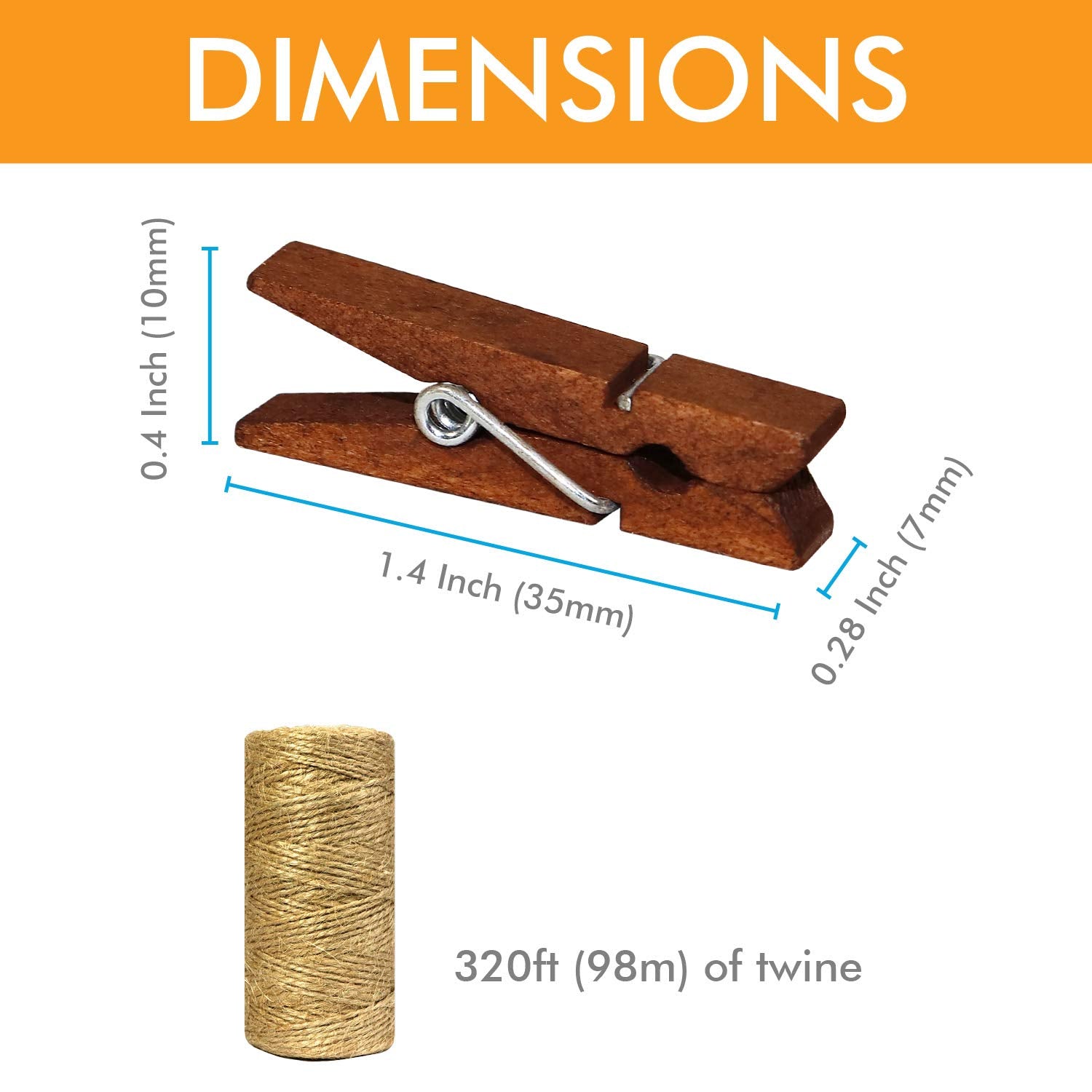 Mini Natural Wooden Clothespins With Jute Twine, 100Pcs, 1.4 Inch Photo Paper Peg Pin Craft Clips With 320Ft Natural Twine For S
