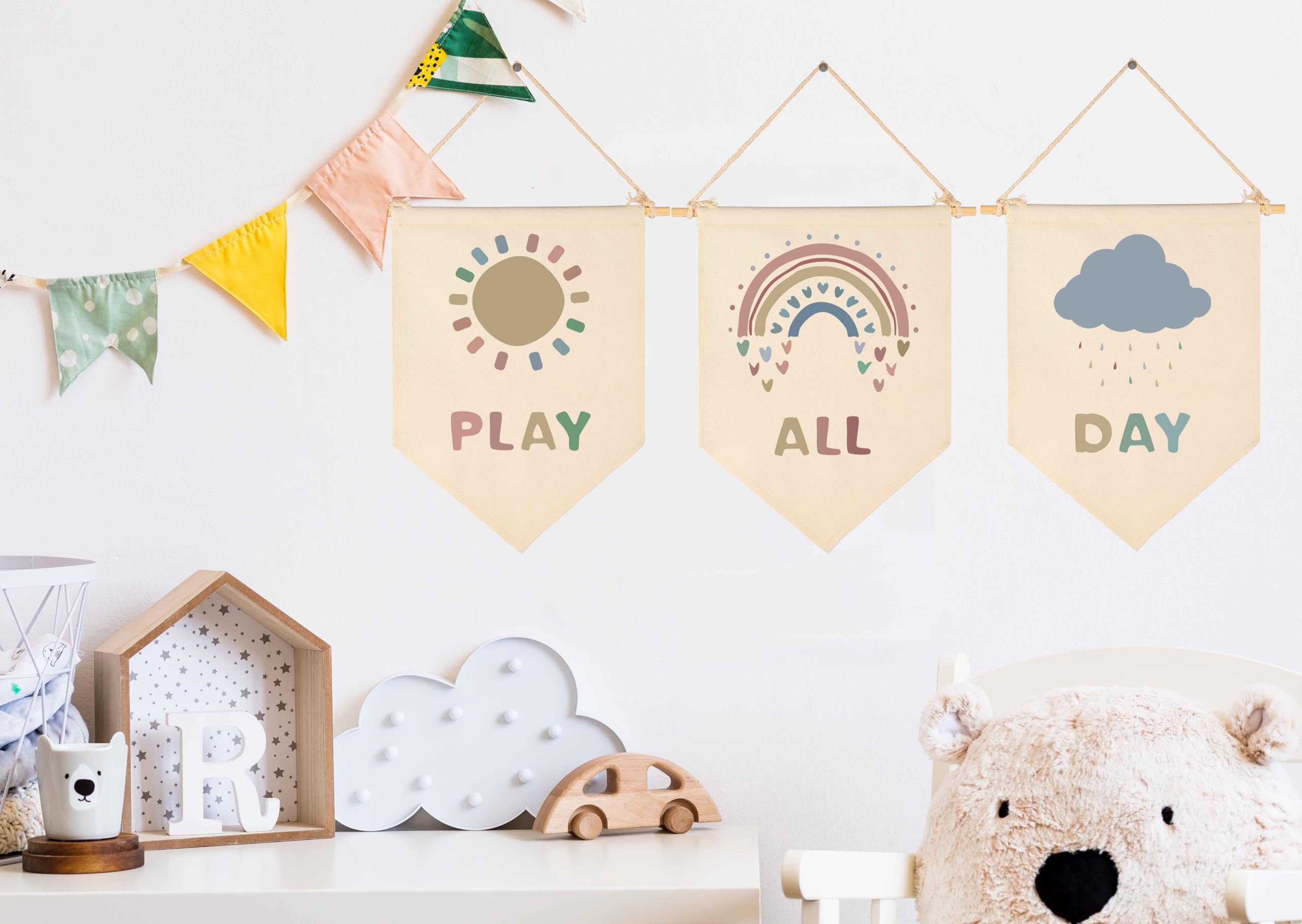 Play,All,Day,Sunshine,Rainbow,Cloud-Flag Decor Gifts for Baby Boys Girls Kids-Canvas Hanging Banner Wall Sign Decor Gifts for Nu