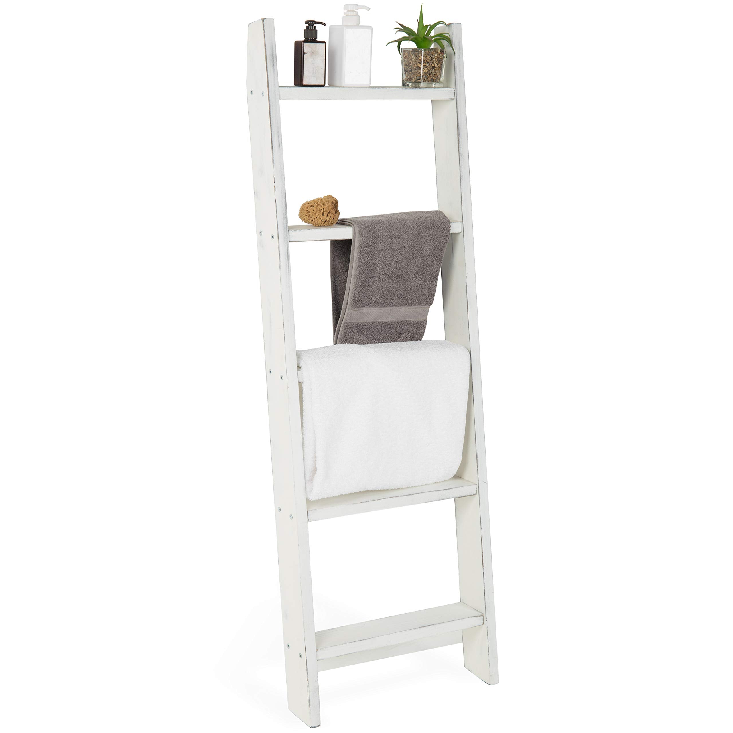 Mygift Large Whitewashed Wood Ladder Blanket Ladder, Farmhouse Style Wall Leaning Towel Rack With 5 Rungs (Vintage White)
