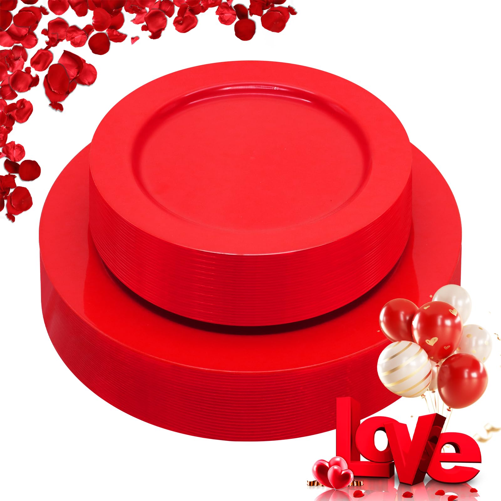 Joy Akkess 50Pcs Red Plastic Plates Disposable Plates Heavy Duty 25 Red Dinner Plates 10.25   , 25 Red Dessert Plates 7.5   , Re