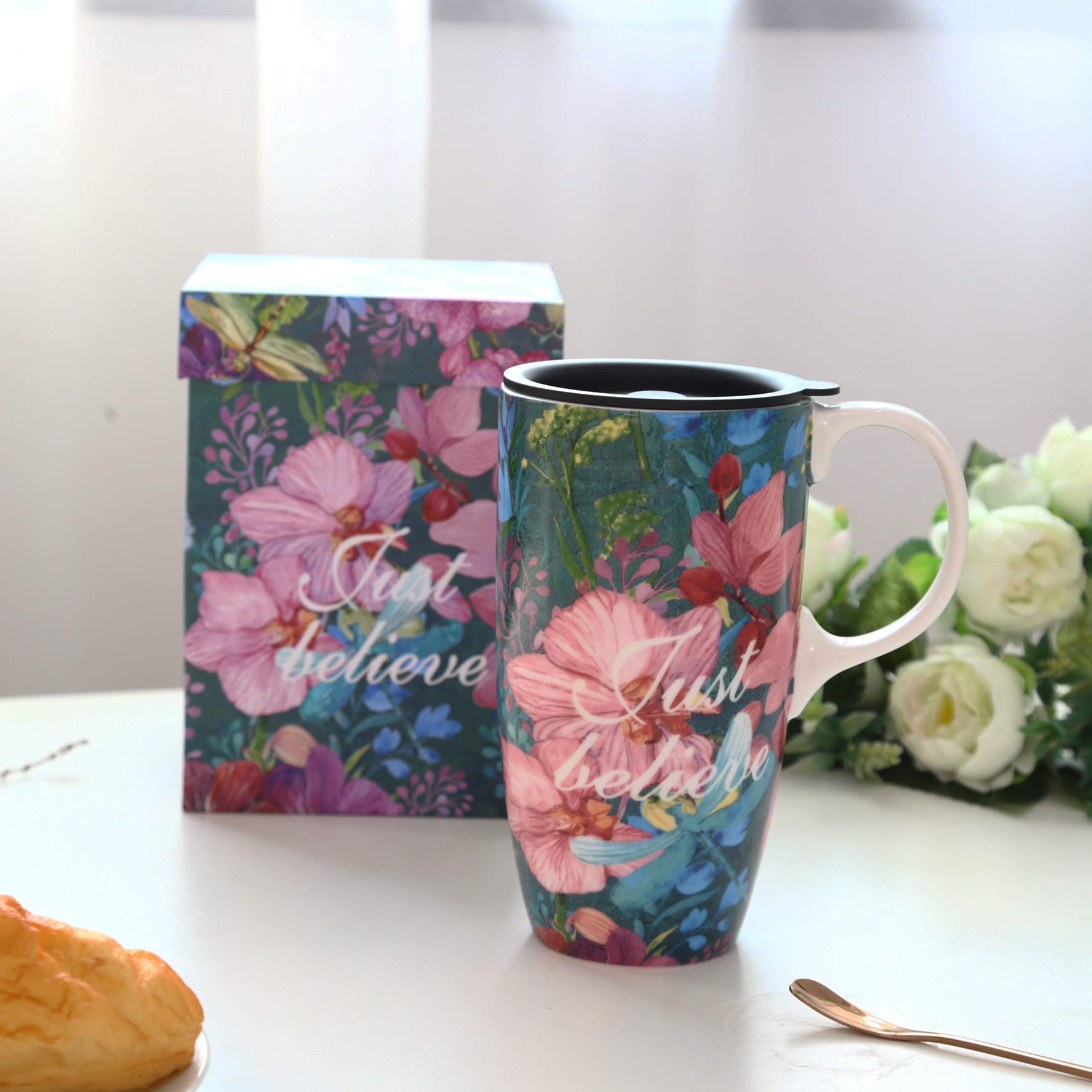 Topadorn Ceramic Coffee Cup Tall Ceramic Mug 17 oz. with Lid and Color Box. Just Believe