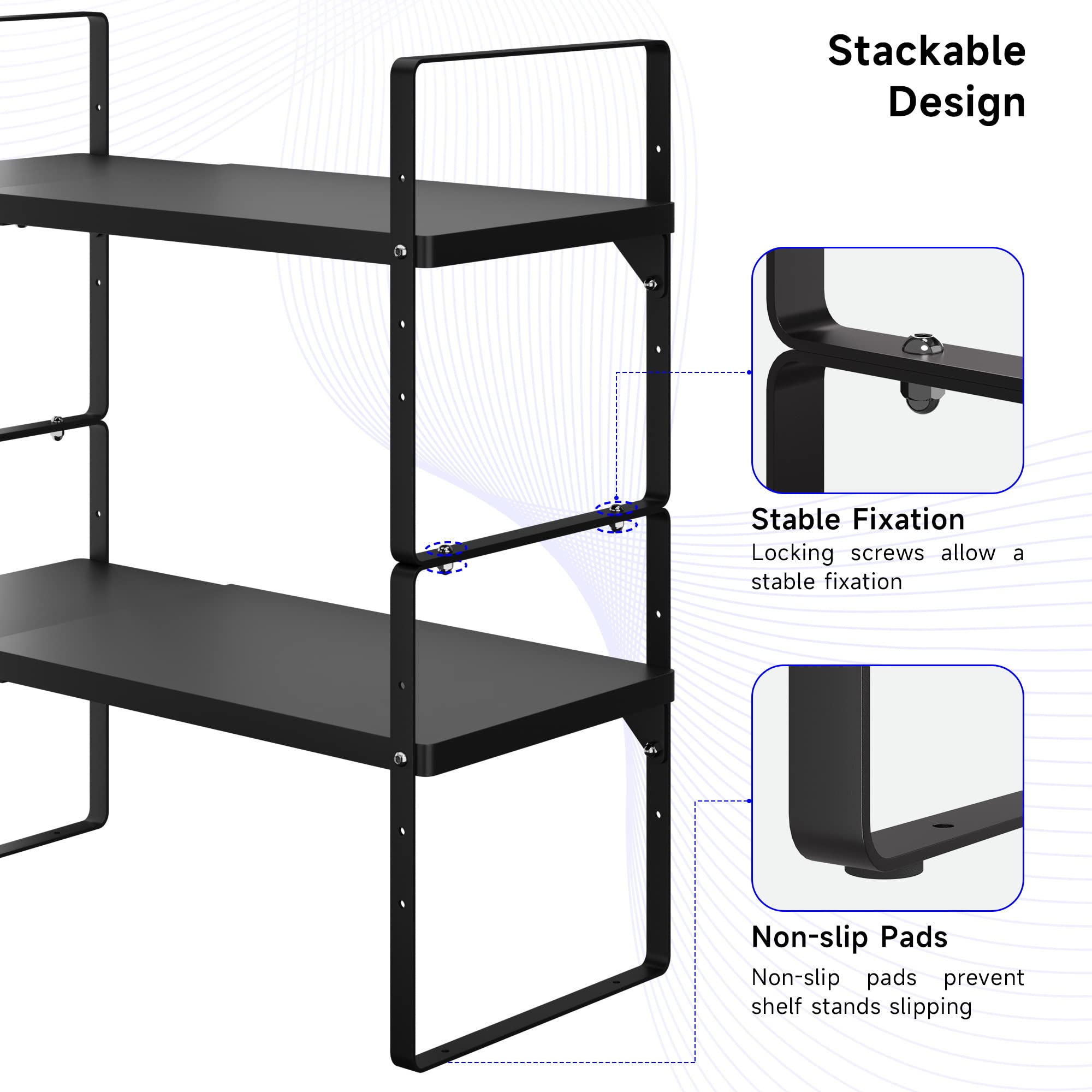 Kikibro Expandable Cabinet Shelf Organizer, Stackable Kitchen Pantry Counter Storage, Adjustable Closet Cupboard Stand Rack Rise