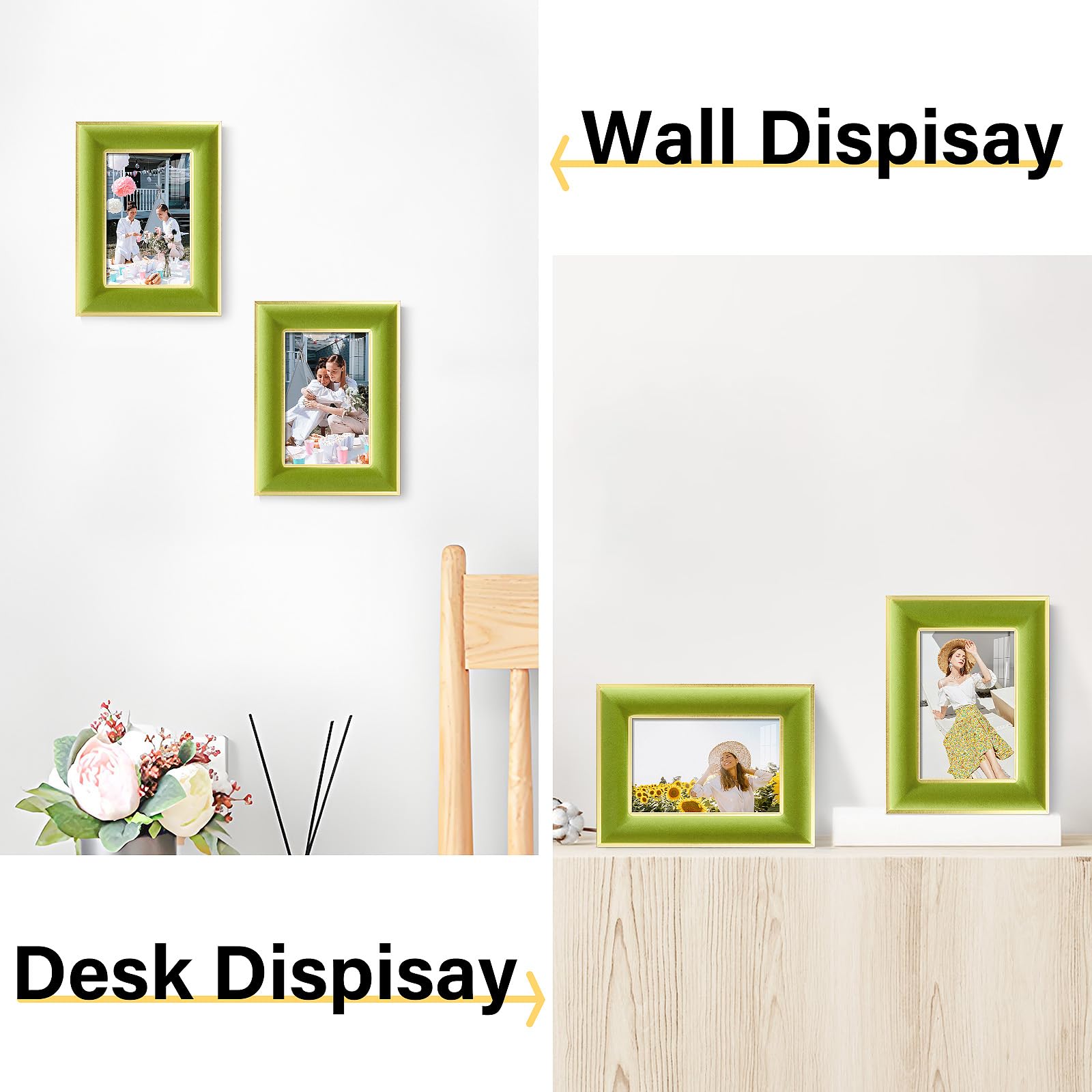 KSROECUD 4x6 Velvet Picture Frame, Light Green Photo Frames with Modern Simple Metallic Gold Border, HD Real Glass Horizontal &