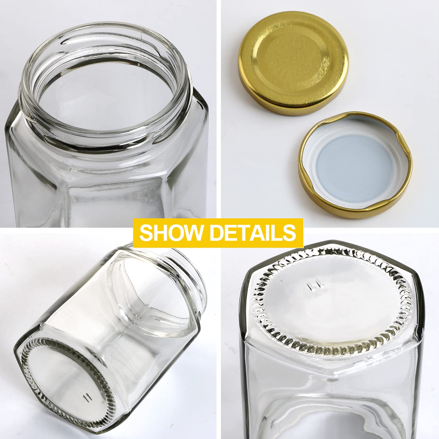Woaiwo-Q 6 Oz Hexagon Glass Honey Jars, Glass Jars With Gold Lids,Bronzy Bee Pendants,Wooden Honey Sticks,Small Tags,1.5M Jute T