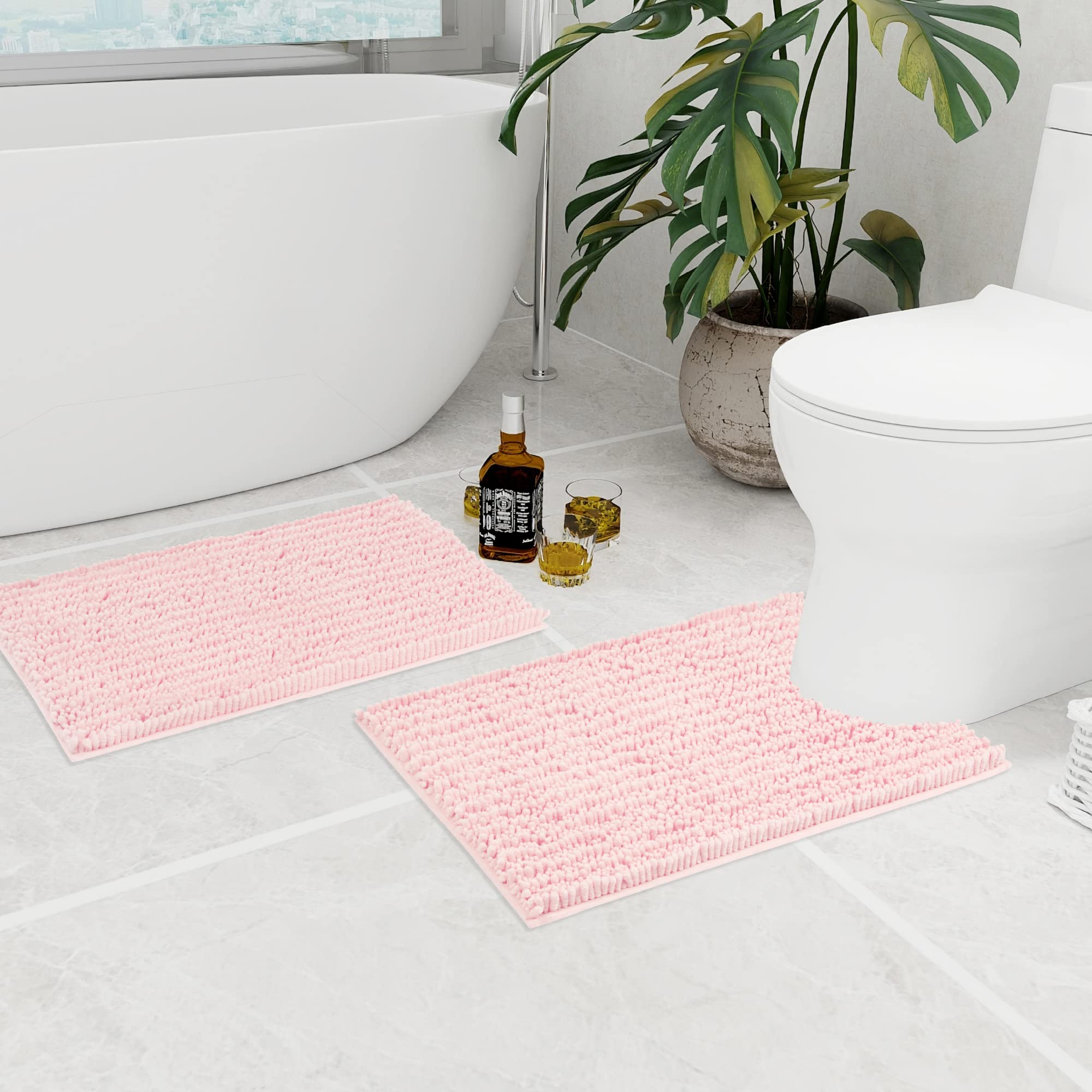 Walensee Bathroom Rug 2 Pieces Set Non Slip Bath Mat (20''X32'' Plus 20''X24'' U Blush) Water Absorbent Super Soft Shaggy Chenil