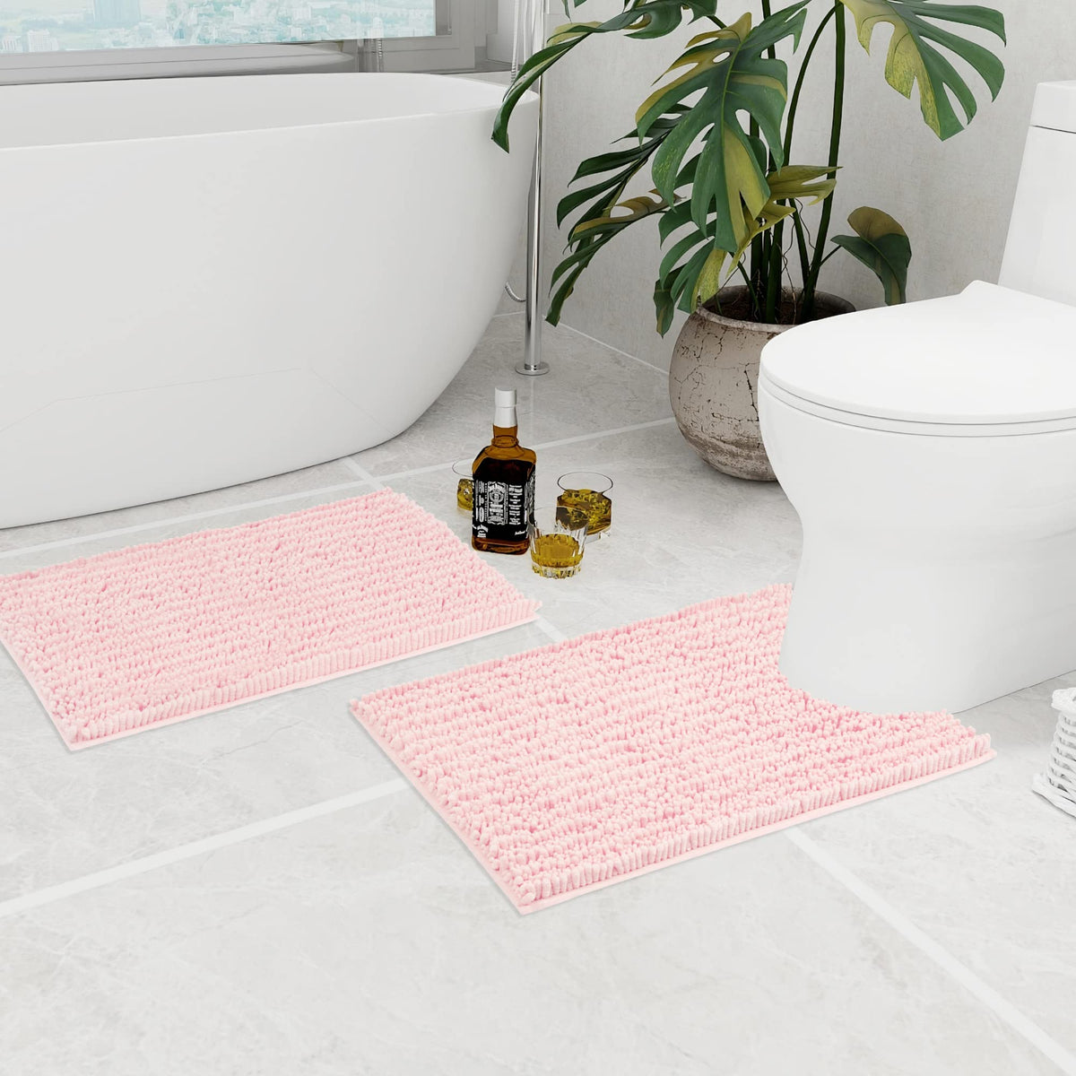 Walensee Bathroom Rug 2 Pieces Set Non Slip Bath Mat (20''X32'' Plus 20''X24'' U Blush) Water Absorbent Super Soft Shaggy Chenil