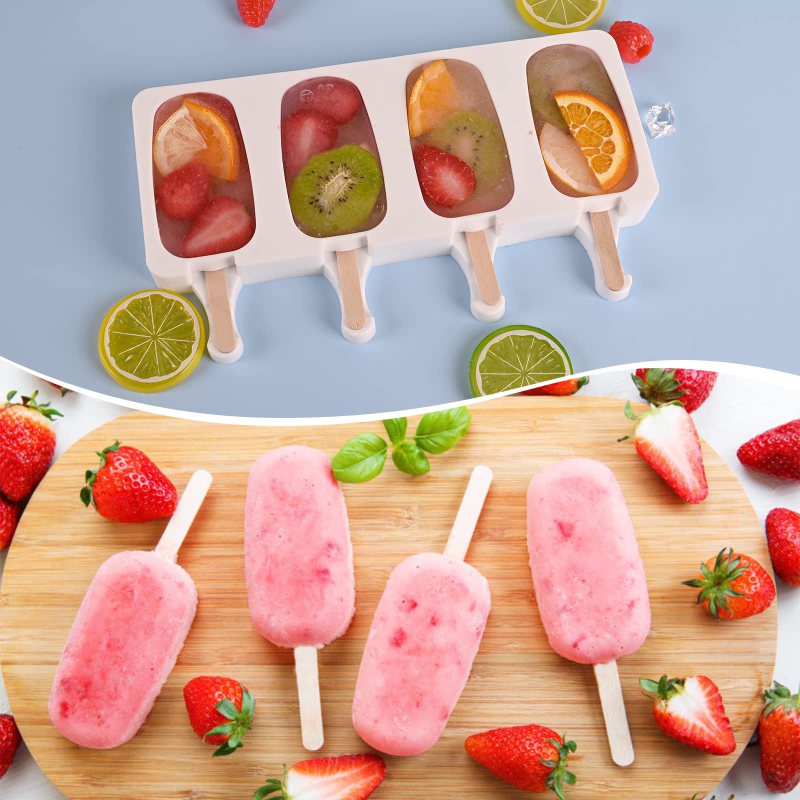 Sakolla Popsicle Silicone Mold, 4 Cavities Ice Pop Molds, Ice Cream Mold Oval Cake Molds With 50 Wooden Sticks