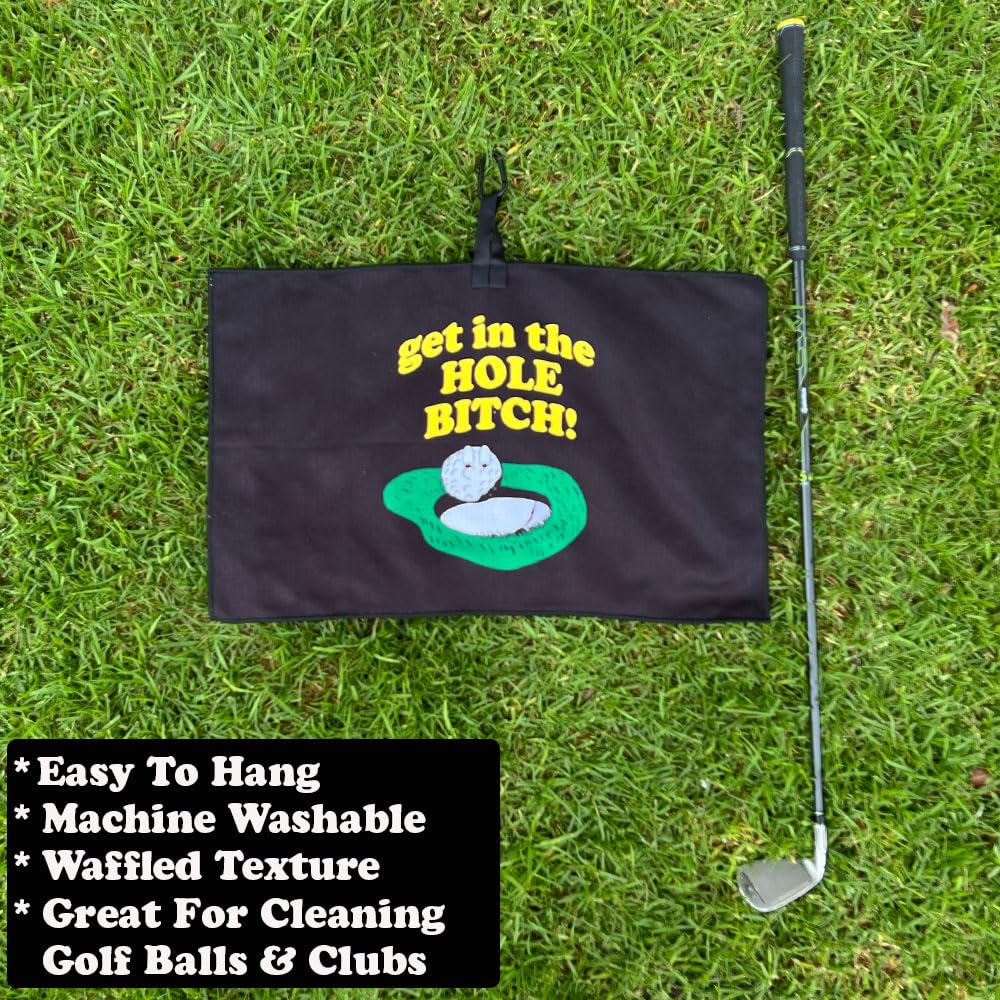 Giggle Golf Par 3 : Waffle Golf Towel  Tee Bag with 4 Tees  and Bling Golf Ball Marker with Hat Clip - Funny Golf Gift for Women (Get in The Hole Bitch)