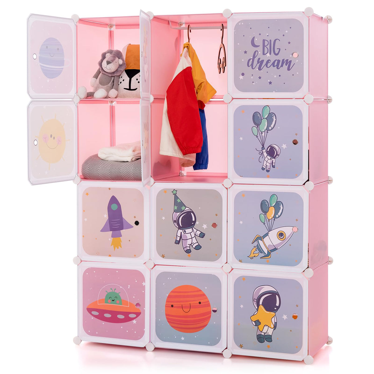 Infans Children Wardrobe, Kid Closet Portable Baby Dresser Cute For Kids Bedroom Nursery Armoire With Doors 12 Cube 2 Hanging Se