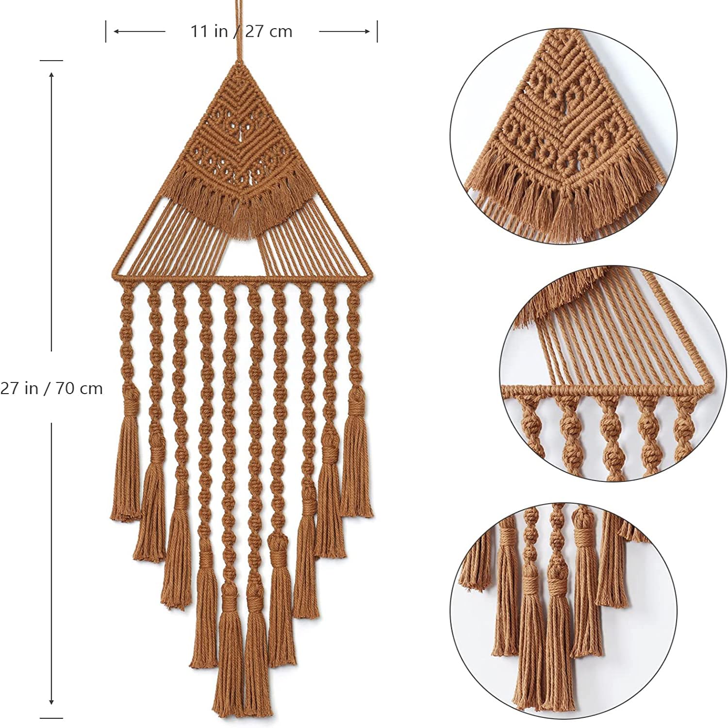 Kaahira Cotton Handmade Macrame Boho Wall Hanging Dream Catcher Triangle Tassel | Bohemian Wall Art Home Decor - Brown