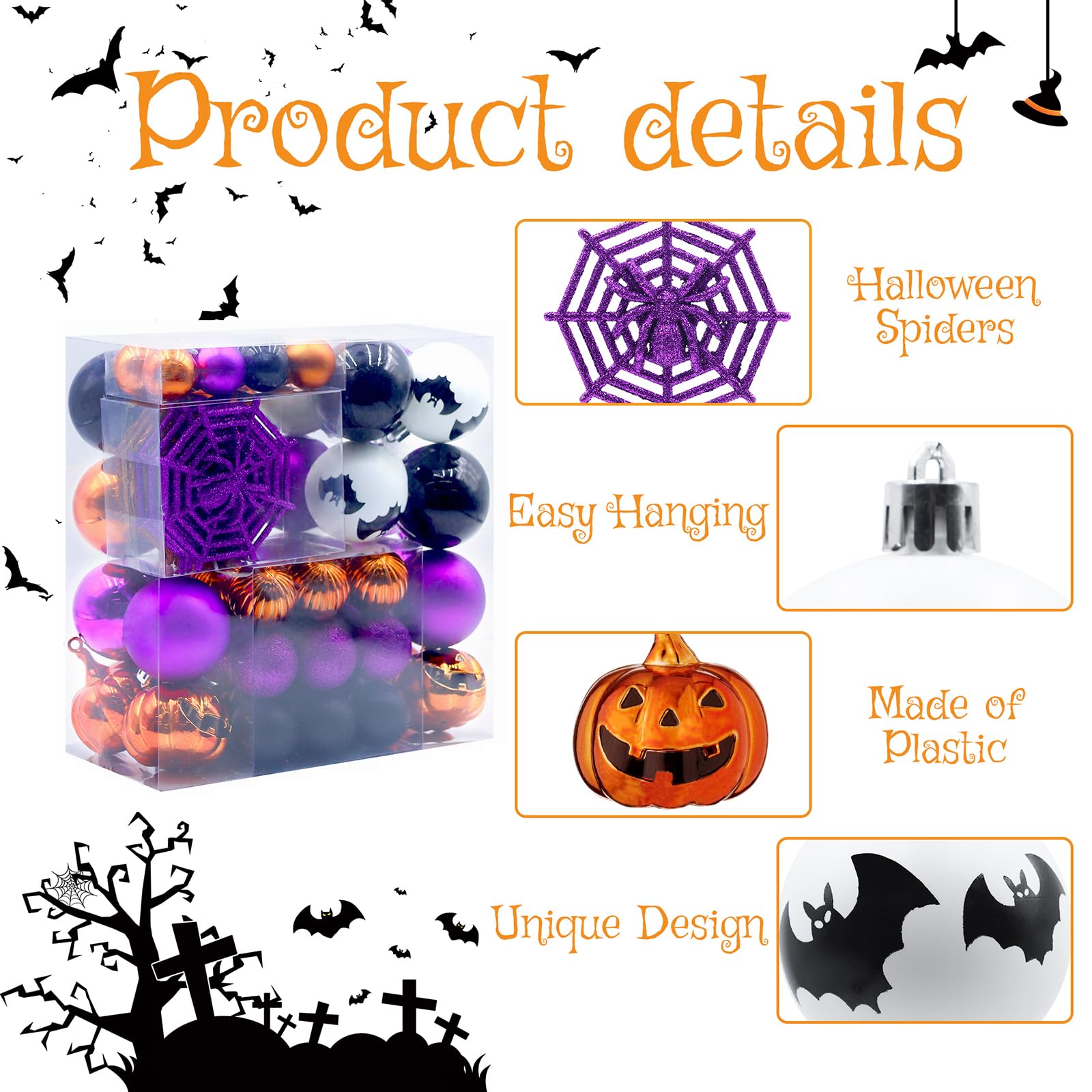 Halloween Ornaments Tree Decorations, 61 Pack Shatterproof Halloween Hanging Ball Ornaments Set with Loop for Party Holiday Indo