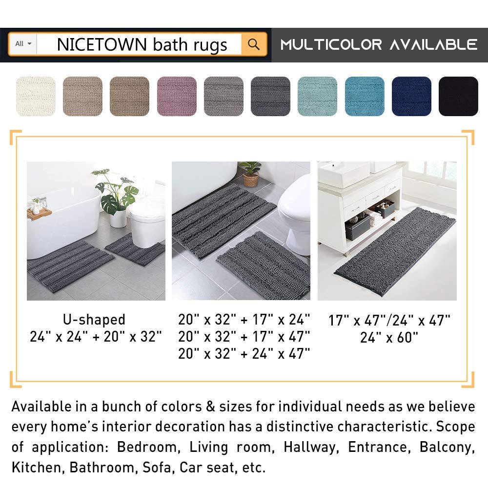 NICETOWN Grey Bathroom Runner Rug  Extra Thick Oversize Bath Mat for Bathroom  Anti-Slip Soft Plush Chenille Shaggy Extra Long Living Room Bedroom Water Absorbent Floor Carpet (60 '' x 24 '')