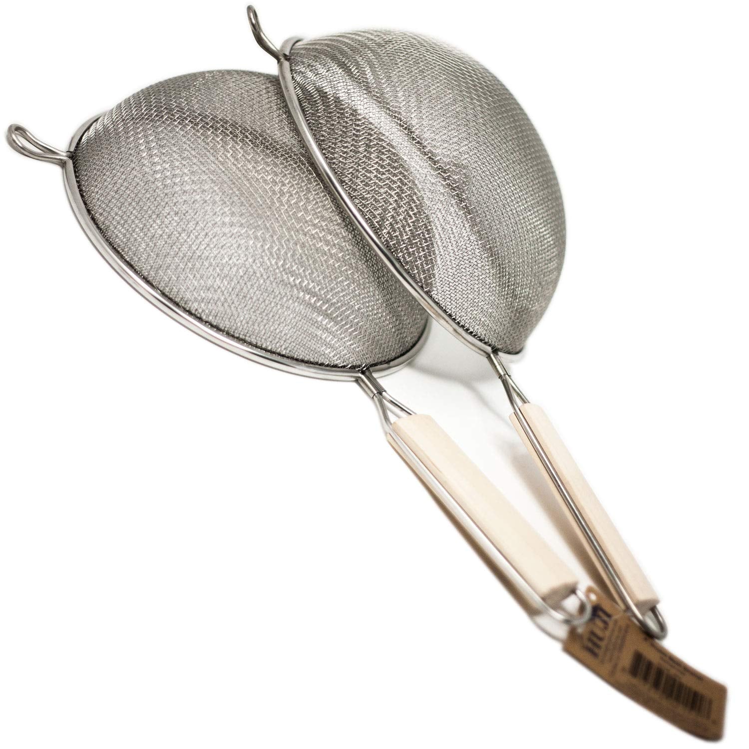 Huji Stainless Steel Fine 8'' Double Mesh Food Strainer Colander Sieve Sifter With Wooden Handle For Kitchen Rice Pasta Noodles