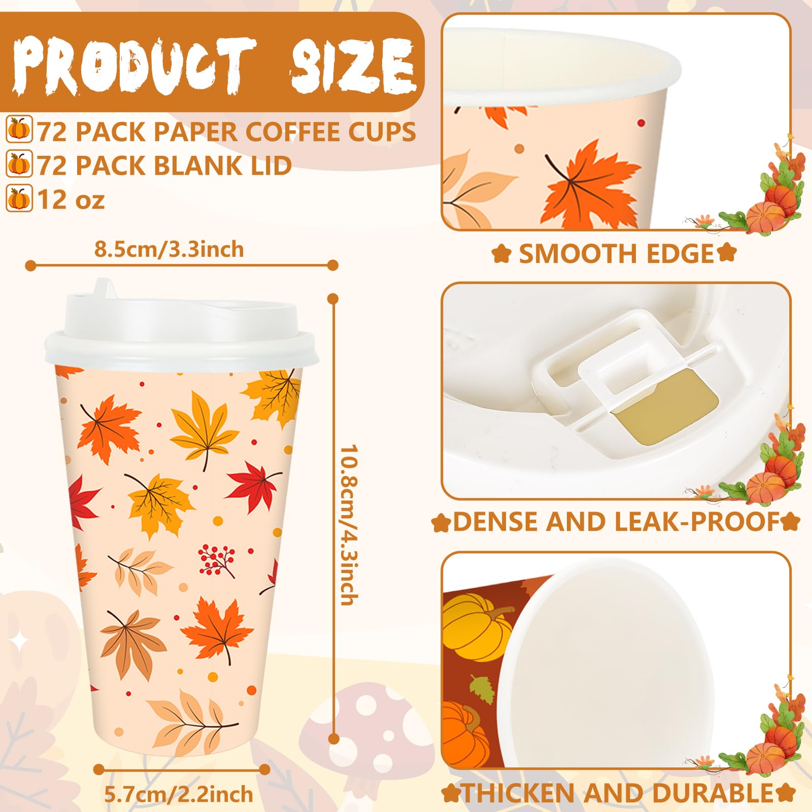 JarThenaAMCS 72 Sets Fall Thanksgiving Disposable Coffee Cups with Lids Maple Leaf Pumpkin Paper Drinking Cup for Autumn Harvest