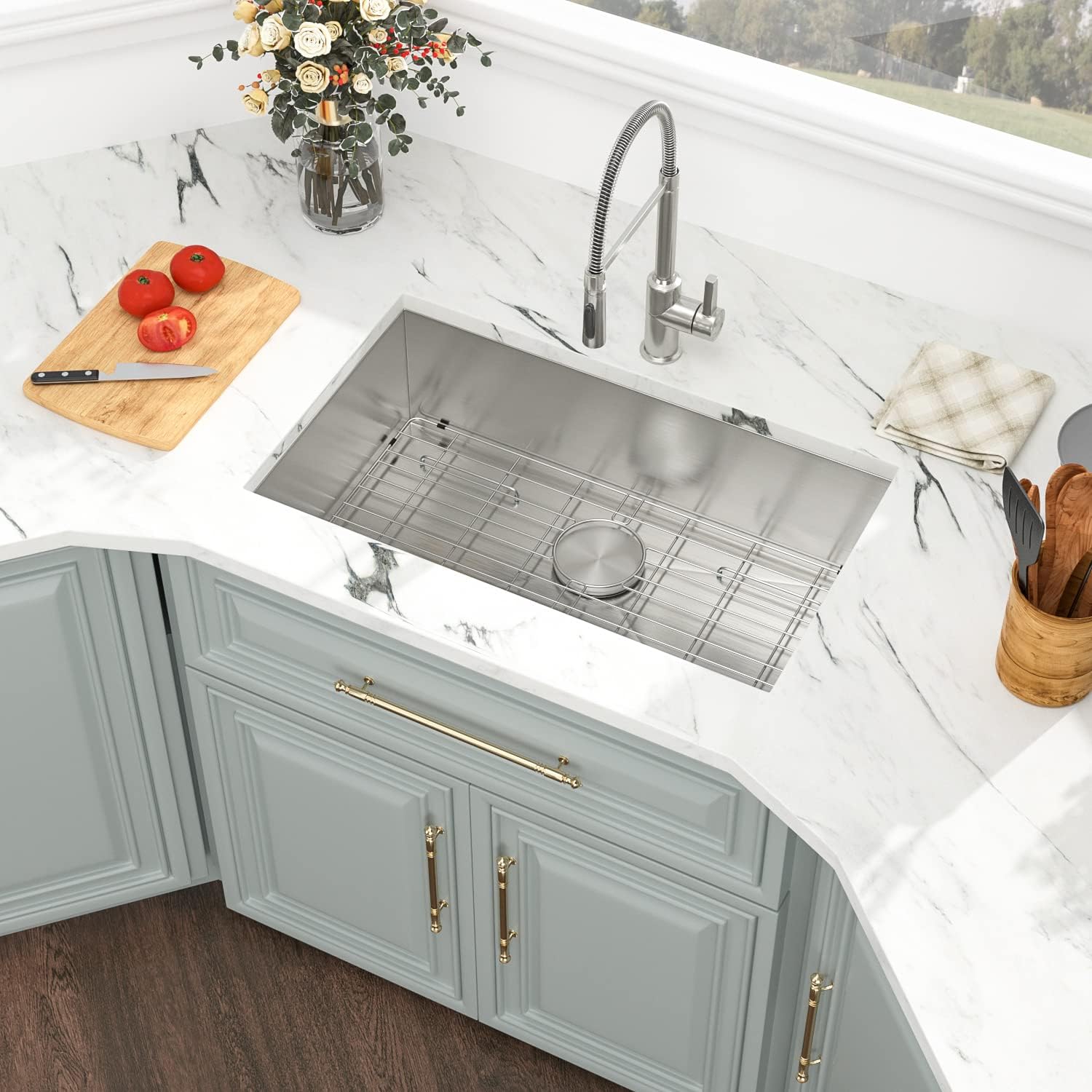 Kichae 33 Inch Undermount Kitchen Sink Single Bowl Stainless Steel Kitchen Sink 33'' Under Mount 161 Gauge Round Corner Kitchen
