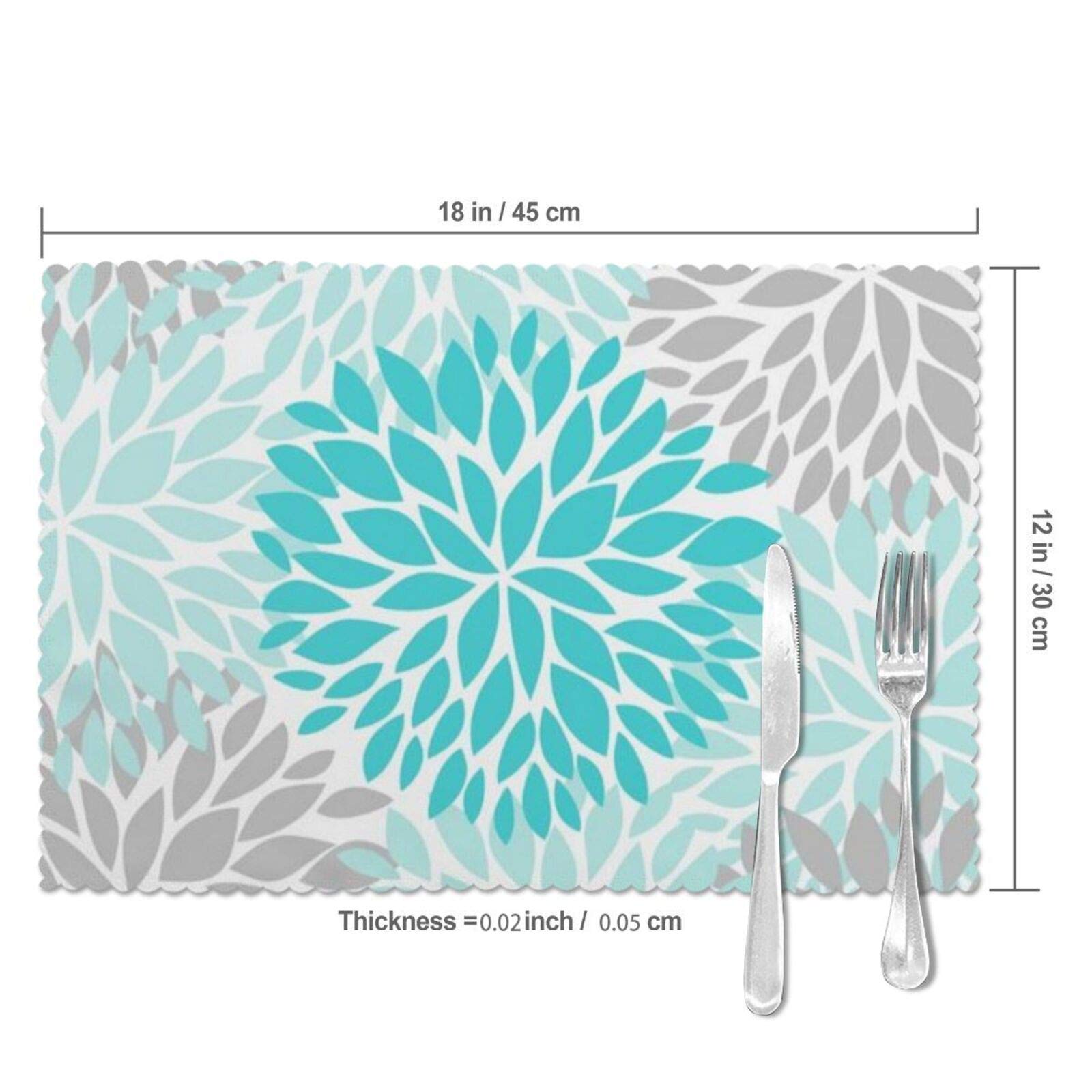 Turquoise Blue And Gray Placemats Set Of 6, Washable Table Place Mats For Kitchen Dining Home 12 X 18 Inch