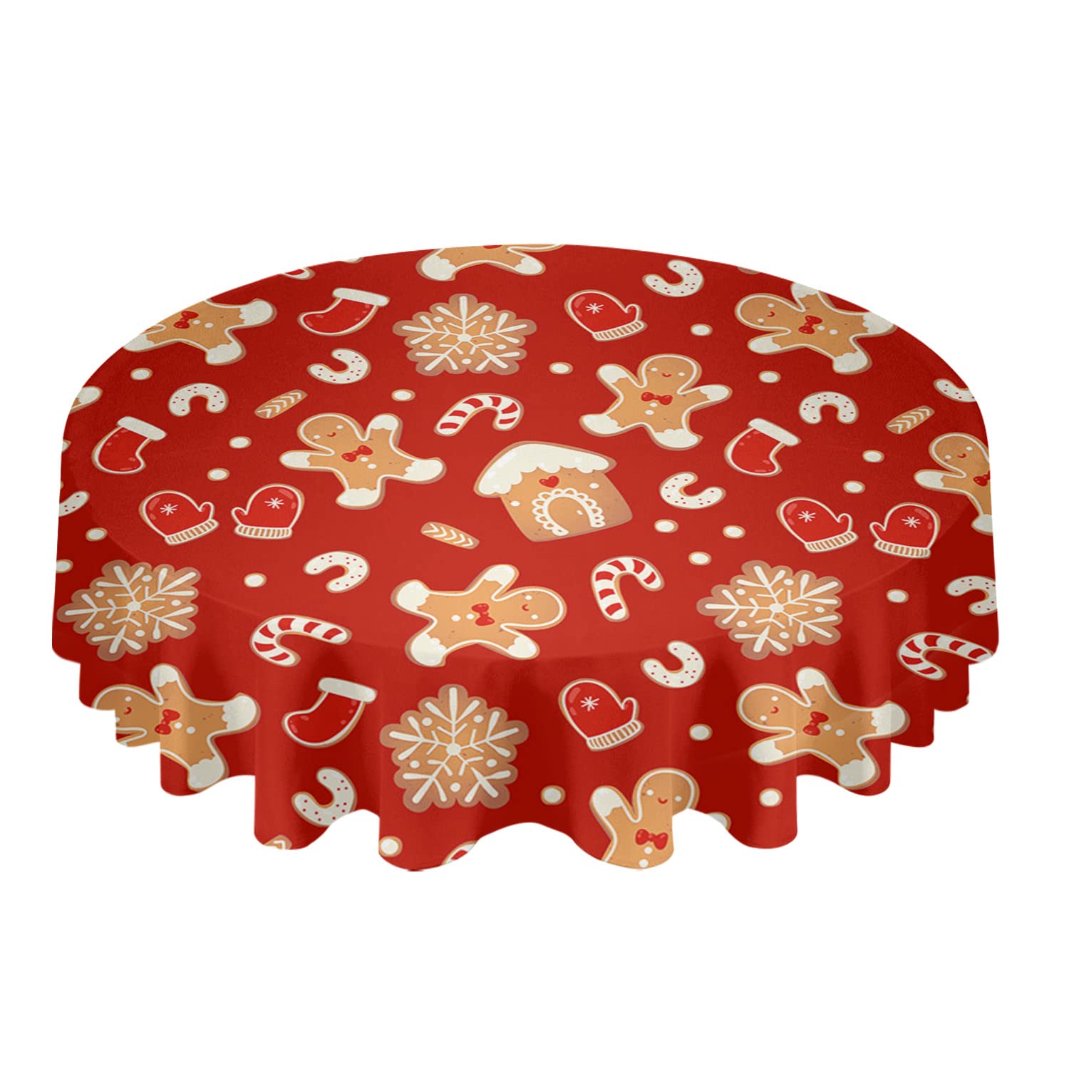 Christmas Round Tablecloth 60 Inch Gingerbread Man Snowflake Waterproof Oil-Proof Table Cloth Candy Cane Glove Kitchen Spillproo