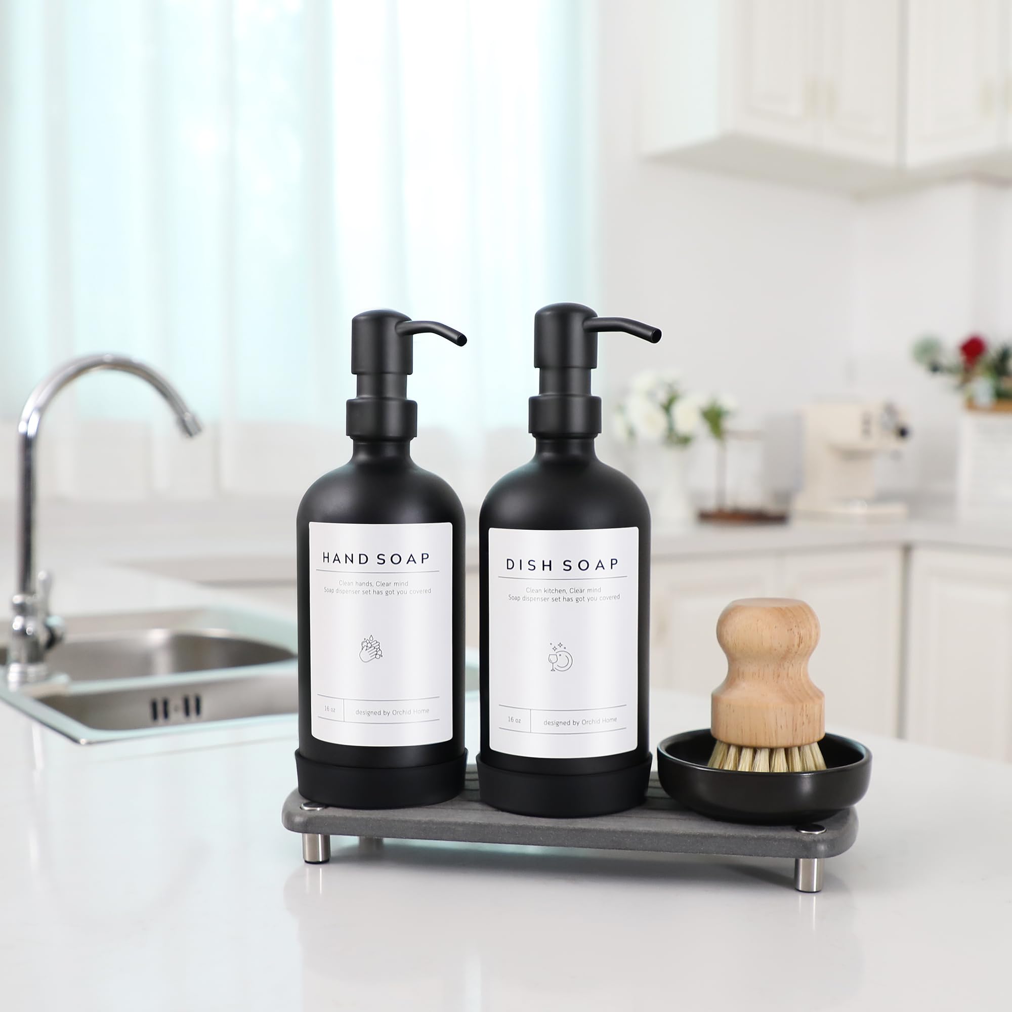[Luxury] Kitchen Soap Dispenser Set - 16Oz Black Glass Bottle, Stainless Steel Pump, Instant Dry Tray, Waterproof Labels, Non-Sl