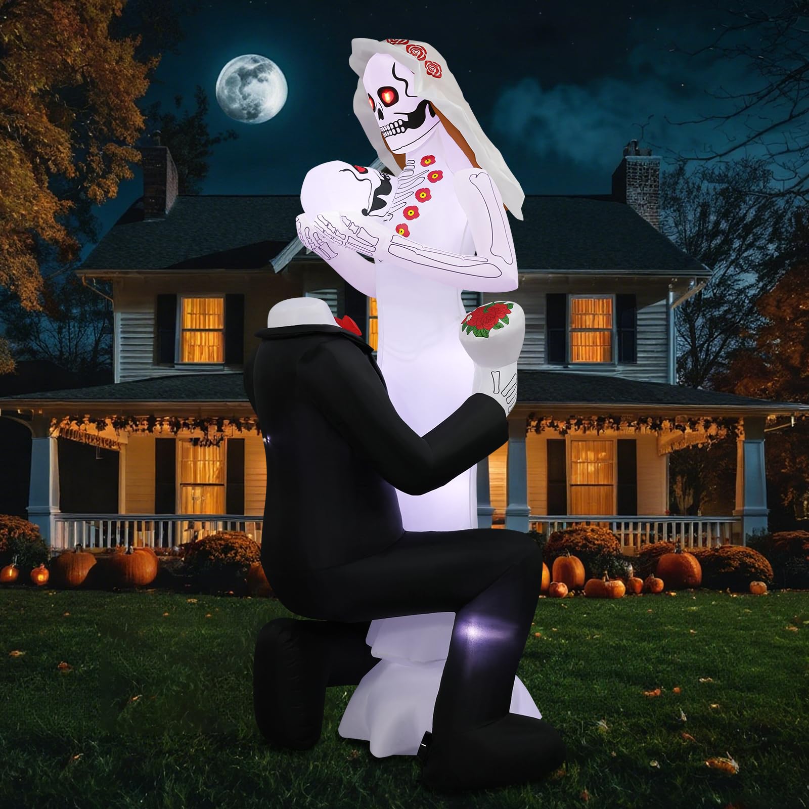 PopInflate Halloween Inflatables Giant 8Ft Tall Skeleton Couple Day of The Dead Outdoor Decorations, Spooky Blow Up Skull Lovers