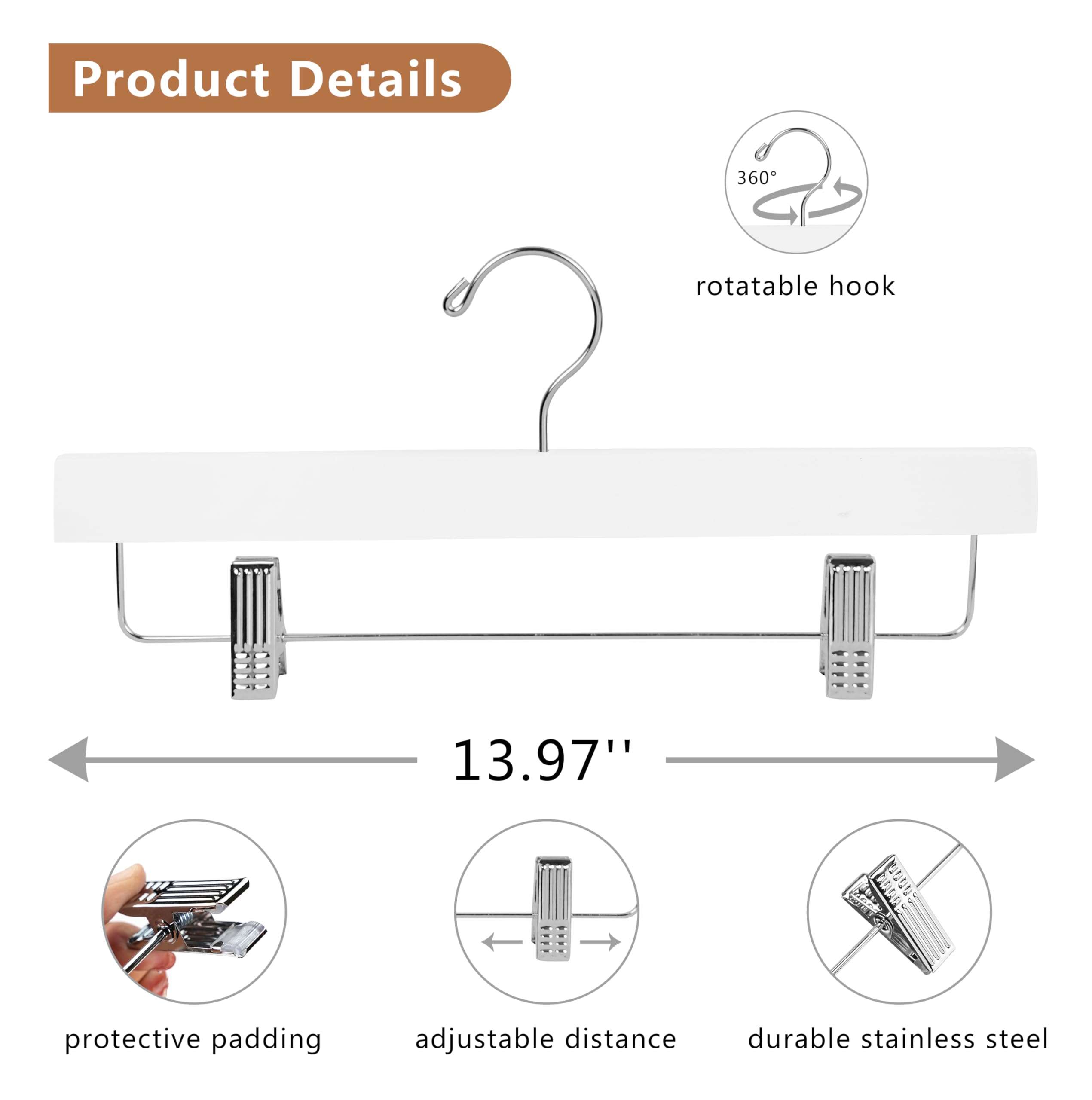 Wooden Pants Hangers, Solid Wood Bottom Jeans Skirt Hanger With 2-Adjustable Clips Anti Rust Hook Pack Of 10 (White)-Hl01Wp