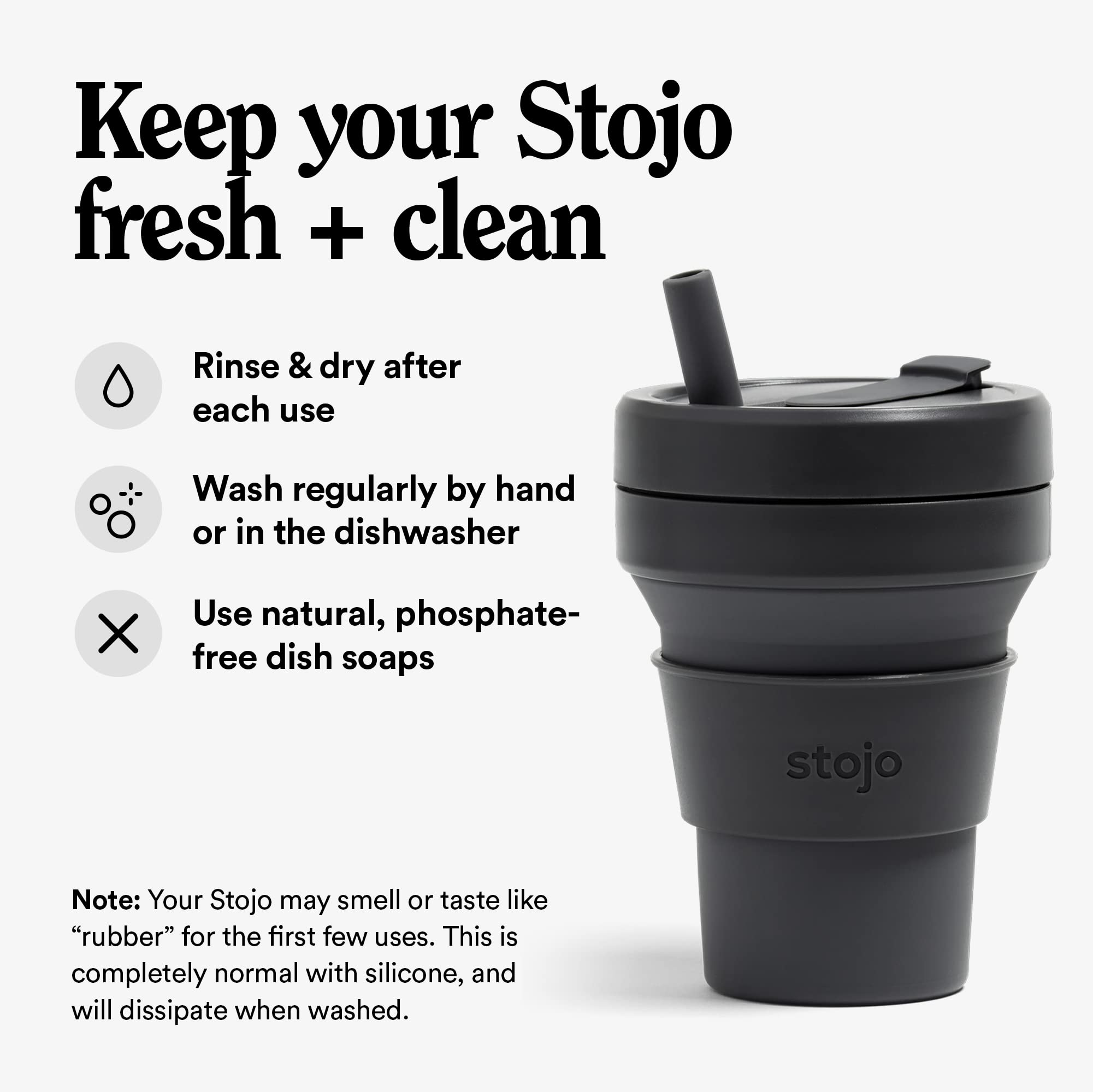 Stojo Collapsible Travel Cup With Straw - Carbon, 16Oz / 470Ml - Reusable To-Go Pocket Size Silicone Bottle For Hot And Cold Dri