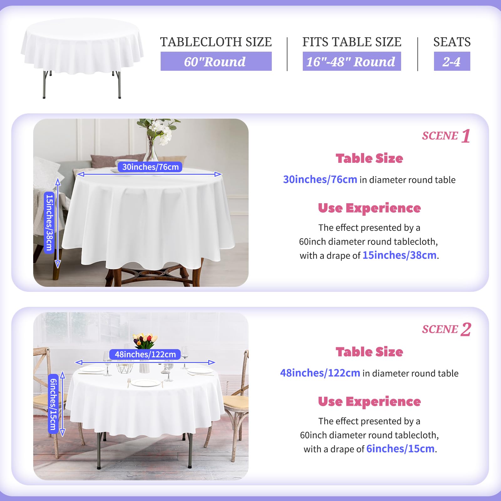 Showgeous 12 Pack Round Tablecloth 60 Inch Round White Table Cloths Polyester Tablecloths For Round Tables Washable Decorative F