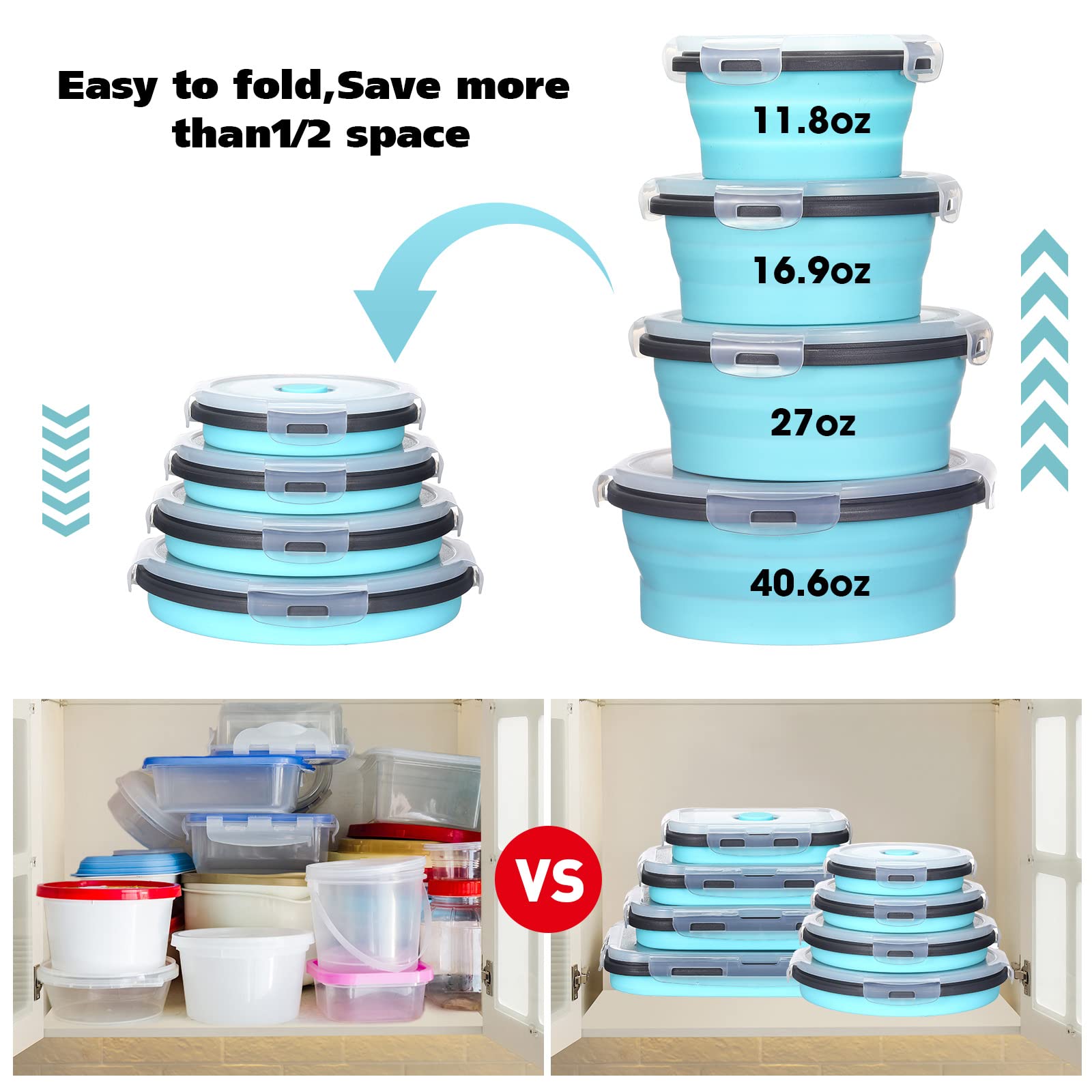8 Pieces Collapsible Food Storage Containers Foldable Silicone Lunch Containers With Lids, 4 Pcs Silicone Rectangle Collapsible