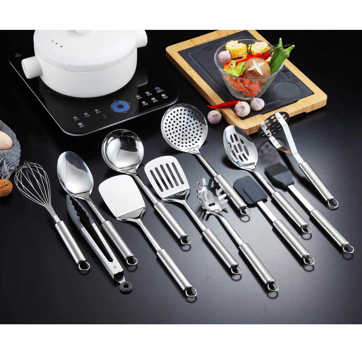 Berglander Cooking Utensil Set 13 Piece Stainless Steel Kitchen Tool Set with Holder  Include Cooking Spoon  Spatula  Whisk  Cooking Tong and etc. (13 Pieces)