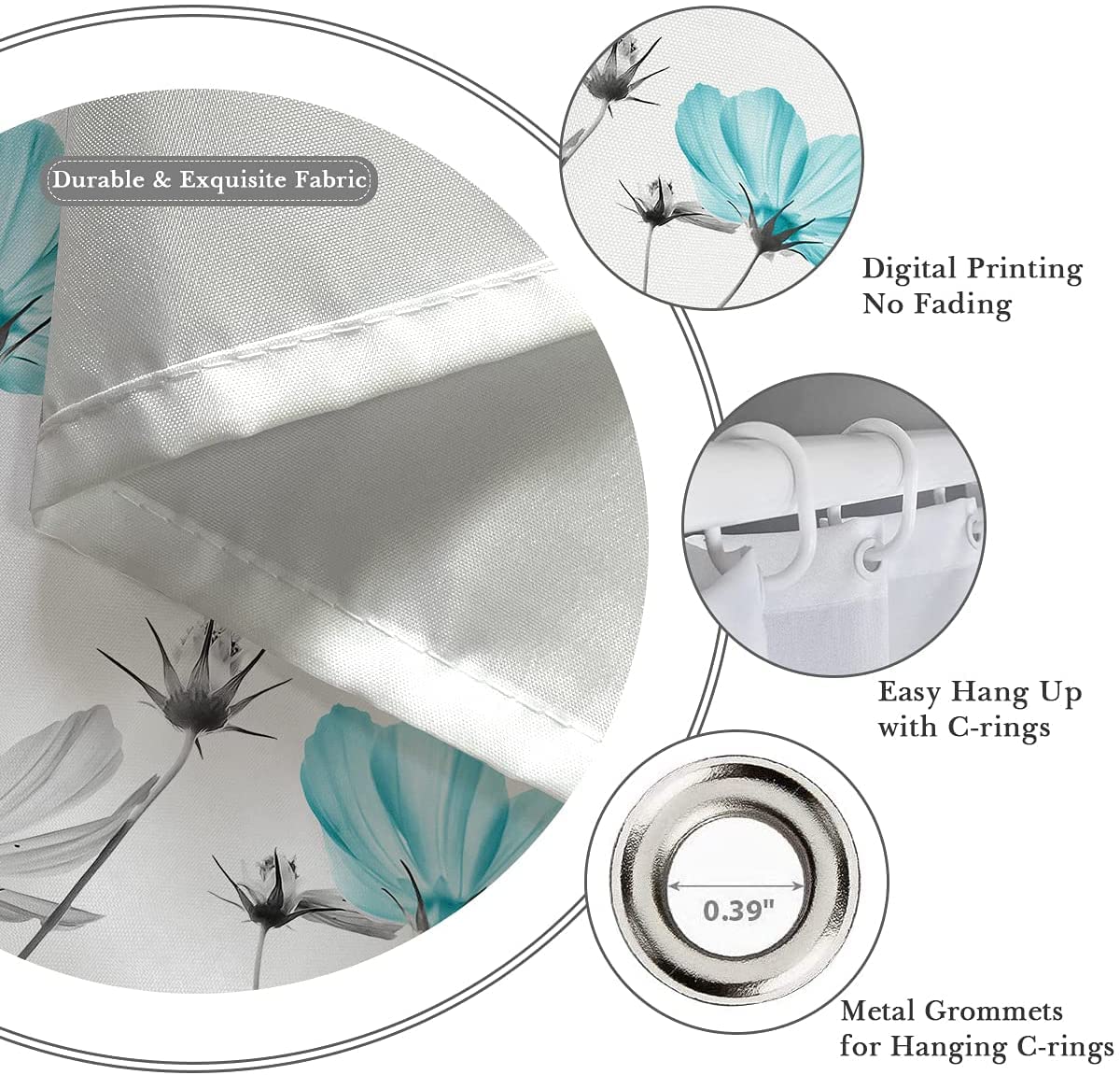 Kikiry Teal Gray Floral Shower Curtain 72''W X 72''L Daisy Elegant Flower Grey Cute Wildflower Botanical Bathroom Curtains Acces