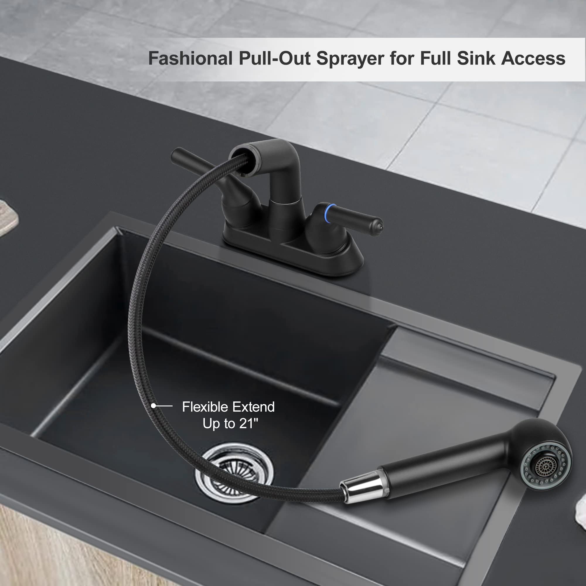 Utility Sink Faucet, Laundry Room Faucet With Pull Out Sprayer, Laundry Tub Abs Plastic Faucet, 4 Inch Centerset 3 Holes Install