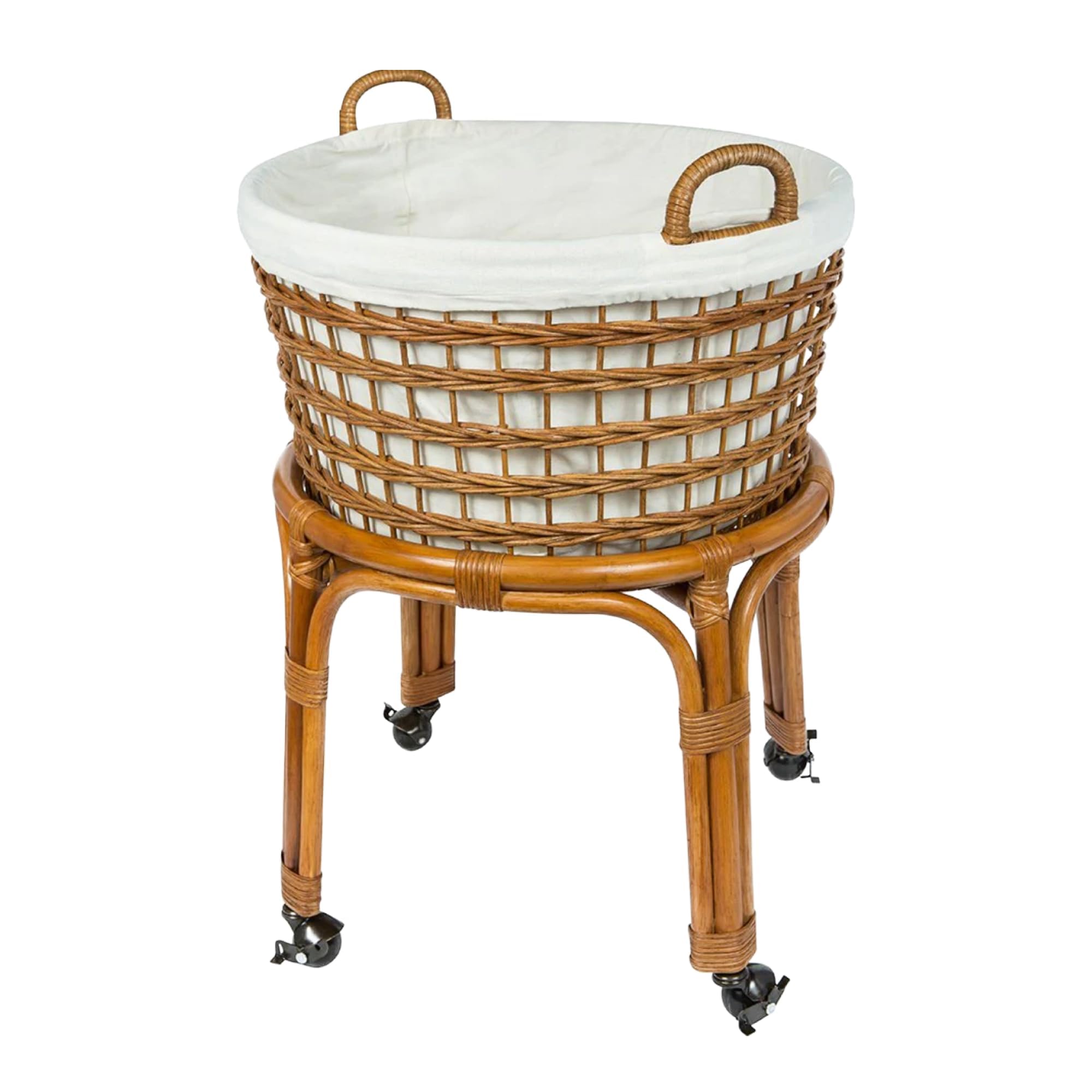 Kouboo Rolling Wicker Laundry Basket, Handwoven Wicker Hamper With Removable Cotton Liner, Stand, & Locking Caster Wheels, Honey