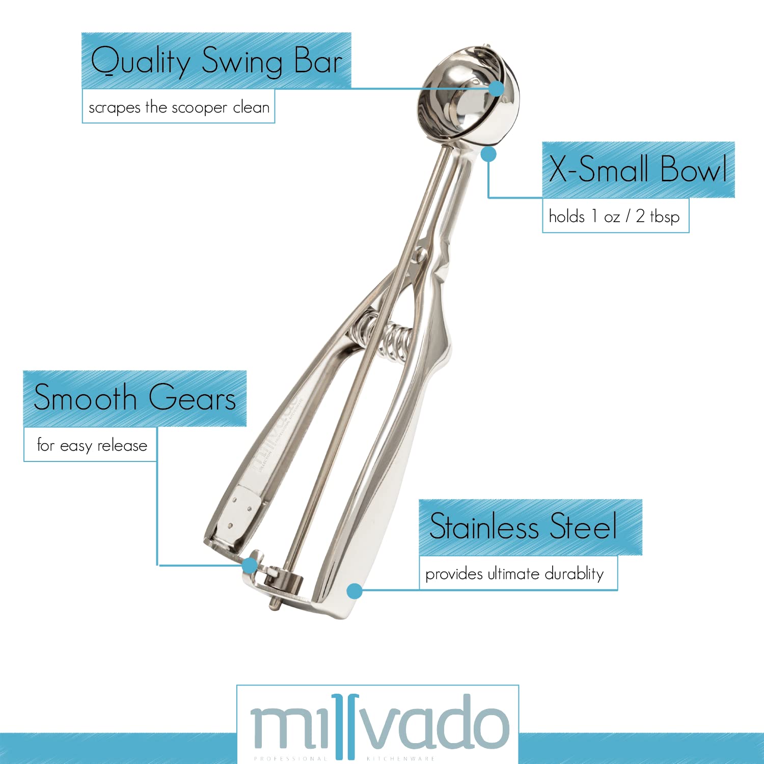 Millvado Stainless Steel Ice Cream And Cookie Scoop | Extra Small Sized Scoop, Spring Loaded Lever Design, For Sorbet, Melon, Me